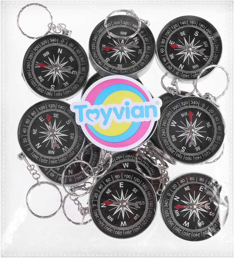 Toyvian 12Pcs Alloy Compass Keychain - Silver Pirate Themed Travel Keychain