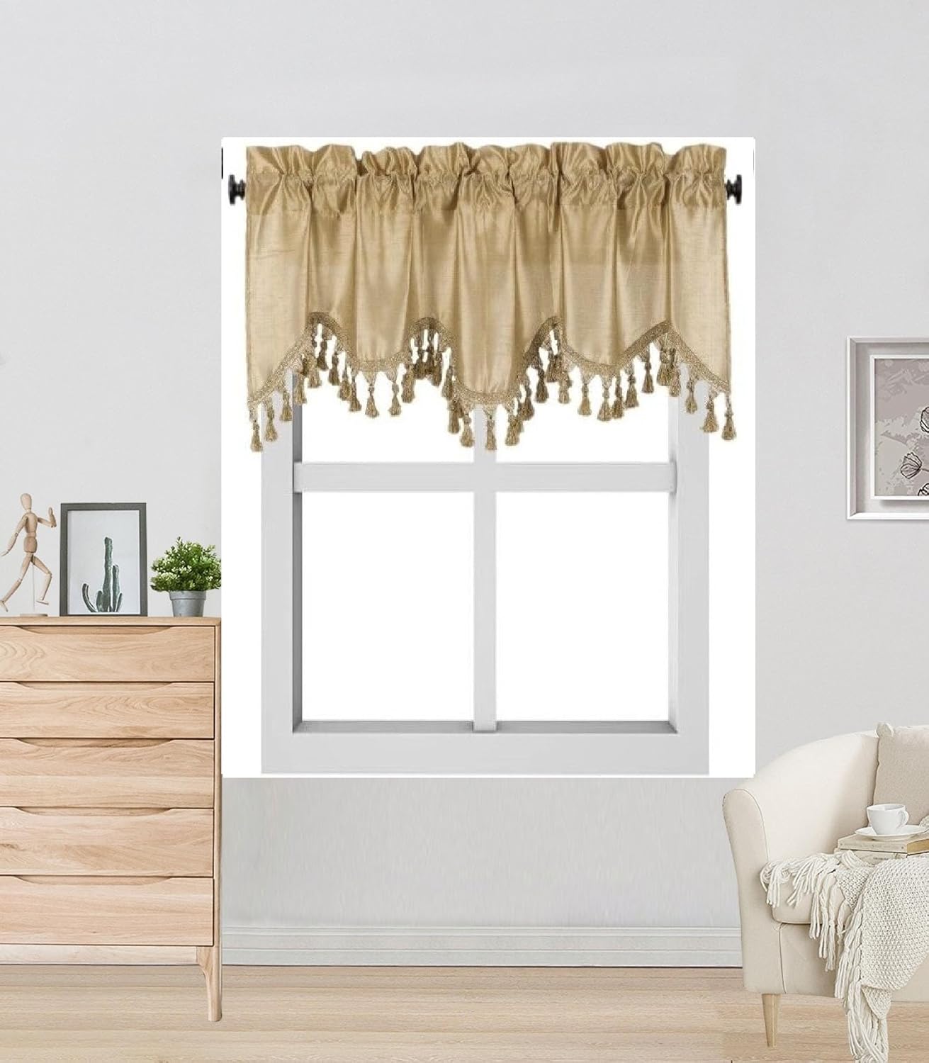 Solid Faux Silk Valance with Tassels 55x18 Inch Wave 1 Gold