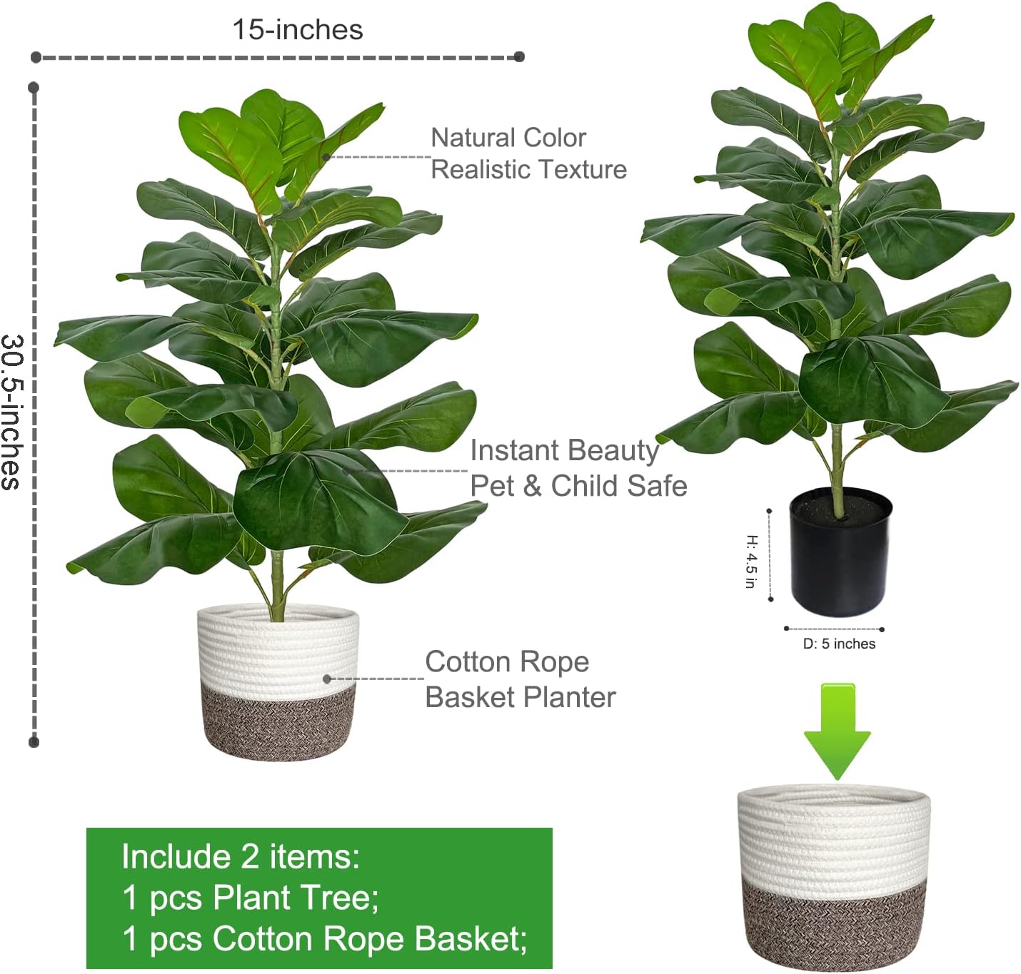 BESAMENATURE Artificial Fiddle Leaf Fig Tree 305 Inch with Cotton Rope Basket