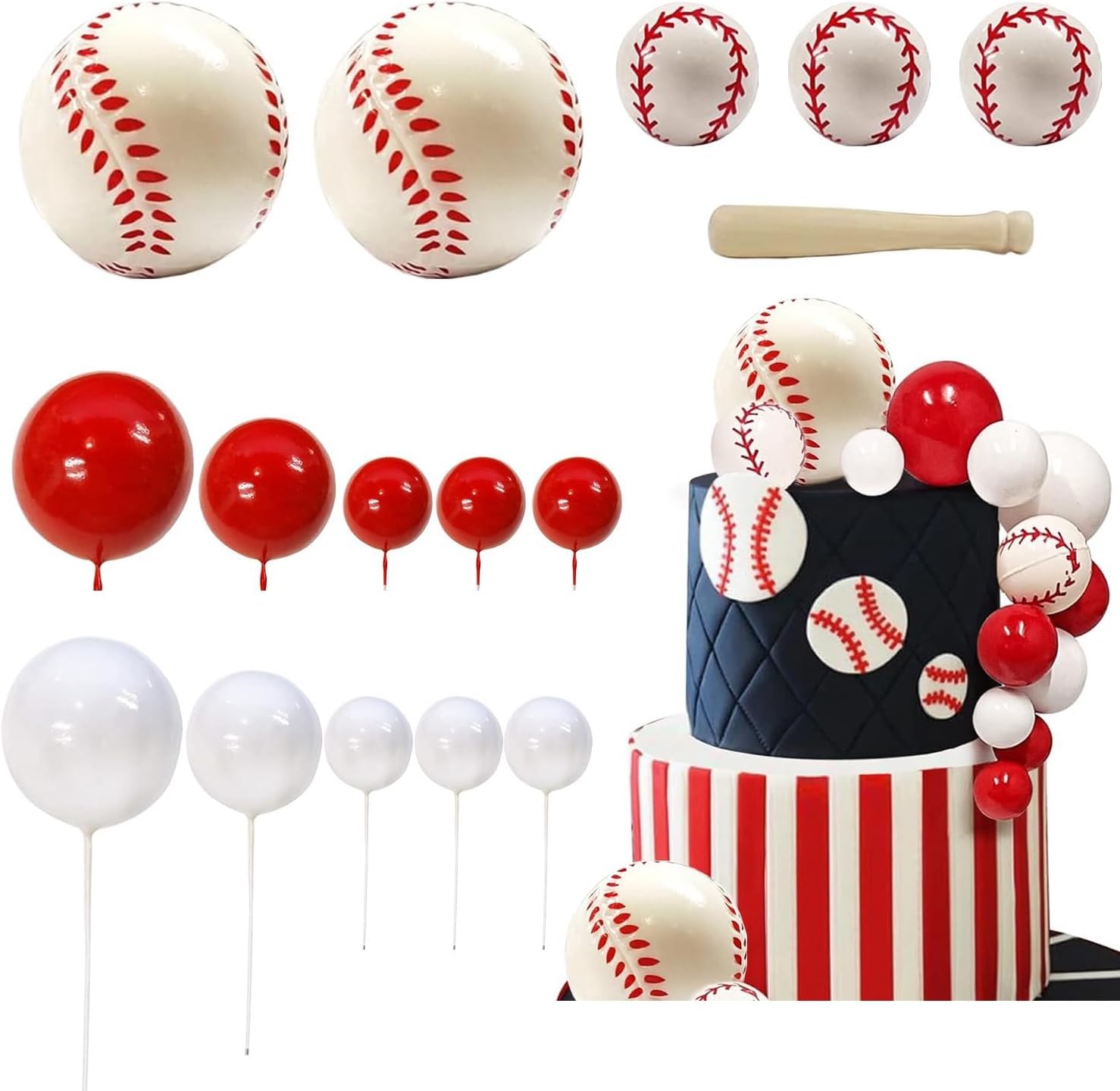 16 Piece Baseball Cake Toppers Set Red White Theme