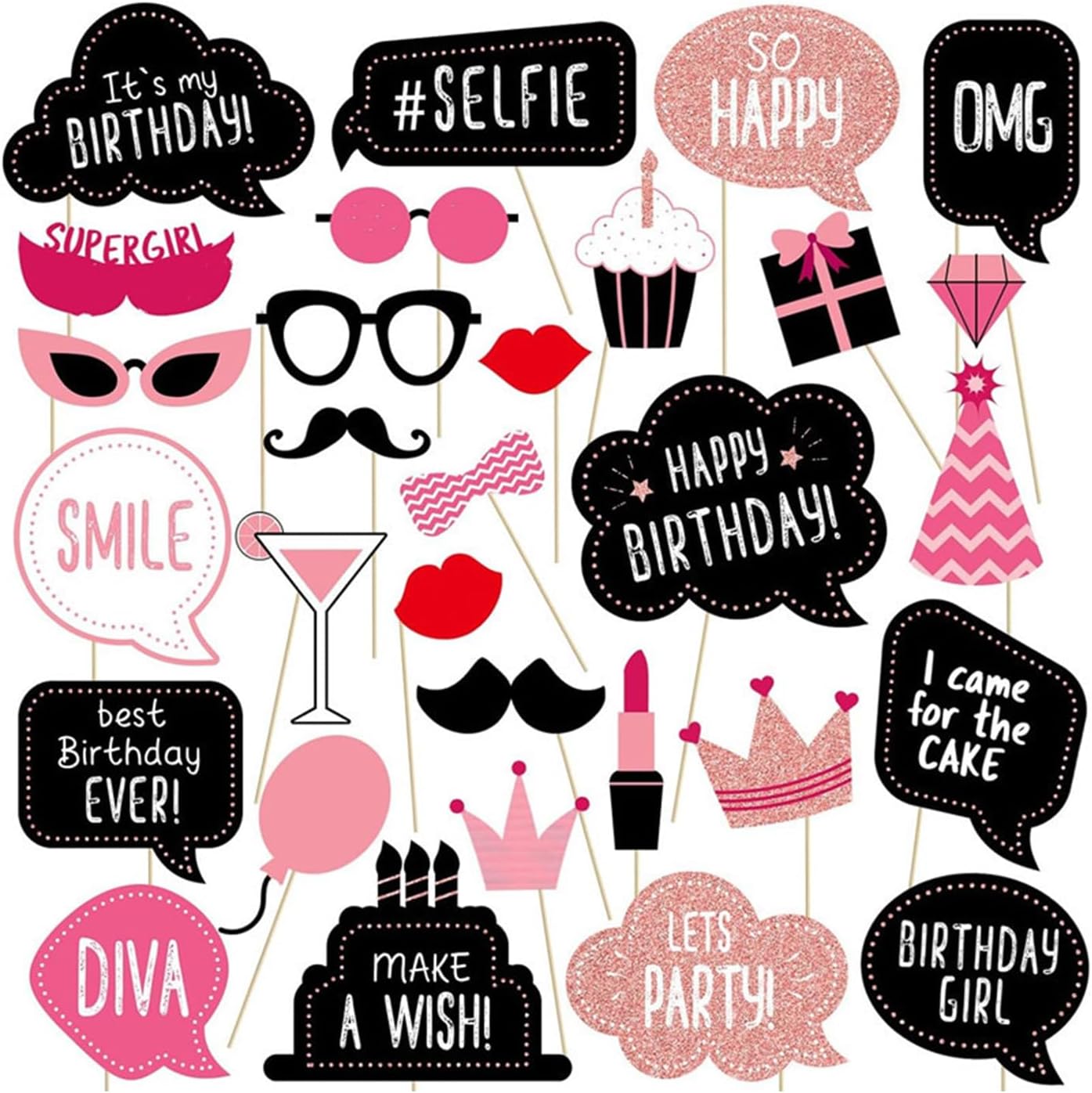 30 Piece Party Photo Booth Prop Set Rose Gold