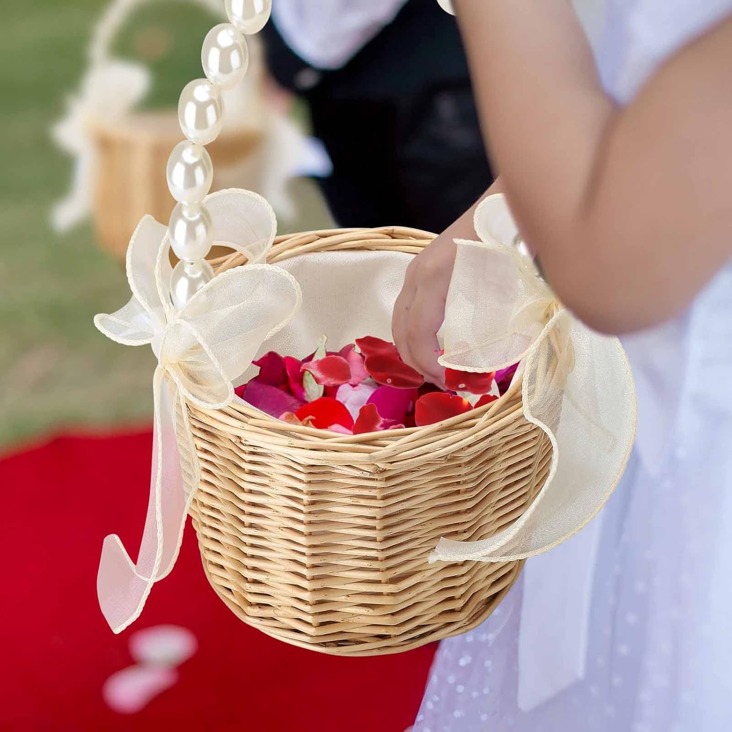 Classic Pearl Woven Hand Basket for Wedding Ceremony