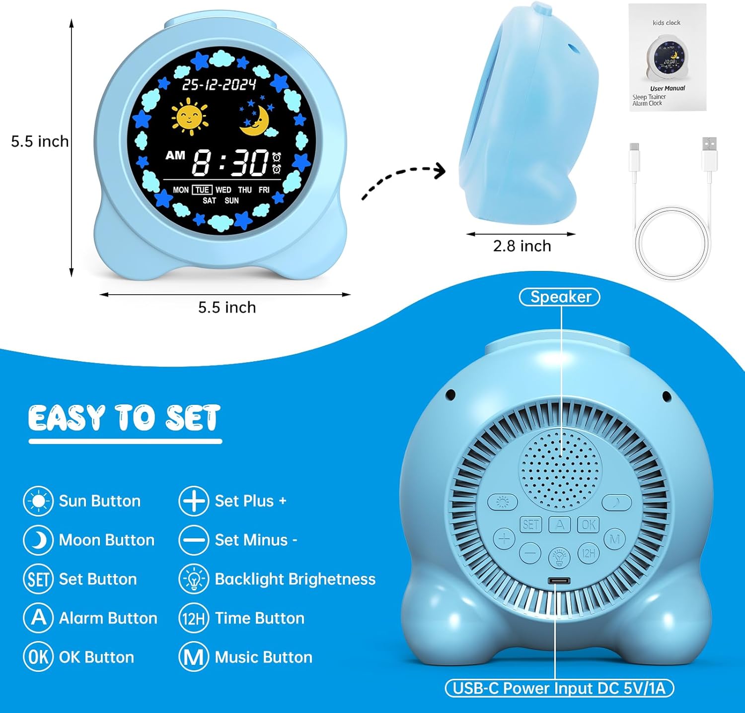 Kids Alarm Clock with Sun Moon LED Display