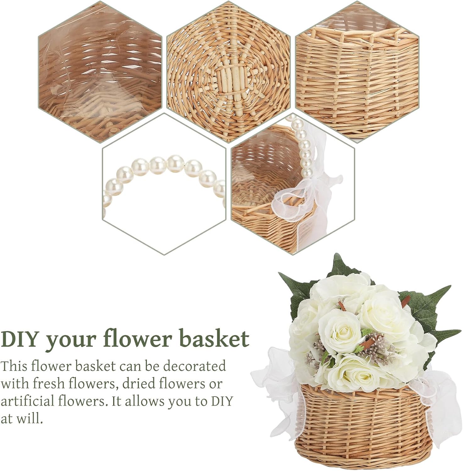 Wicker Rattan Flower Girl Basket with Pearl Handle