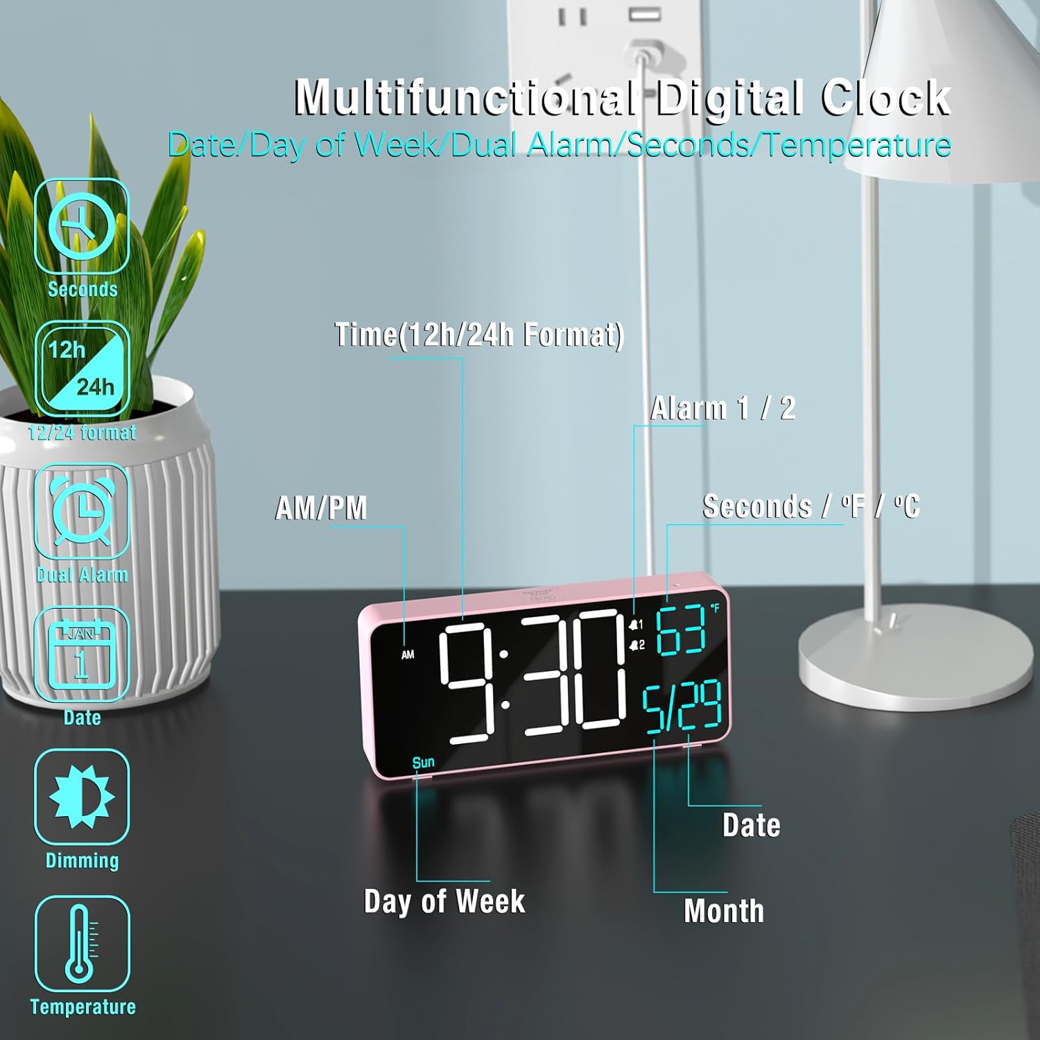 Kosumosu Pink Digital Alarm Clock with Dual Alarms