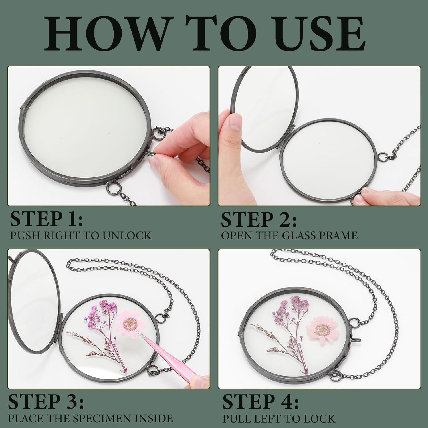 Qunclay 4 Pcs Pressed Flower Frame with Chain