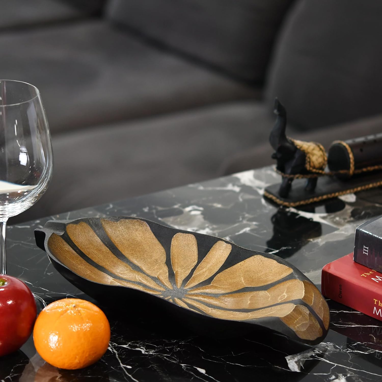 AeraVida Curvy Leaf Shaped 2-Tone Stained Wooden Serving Bowl