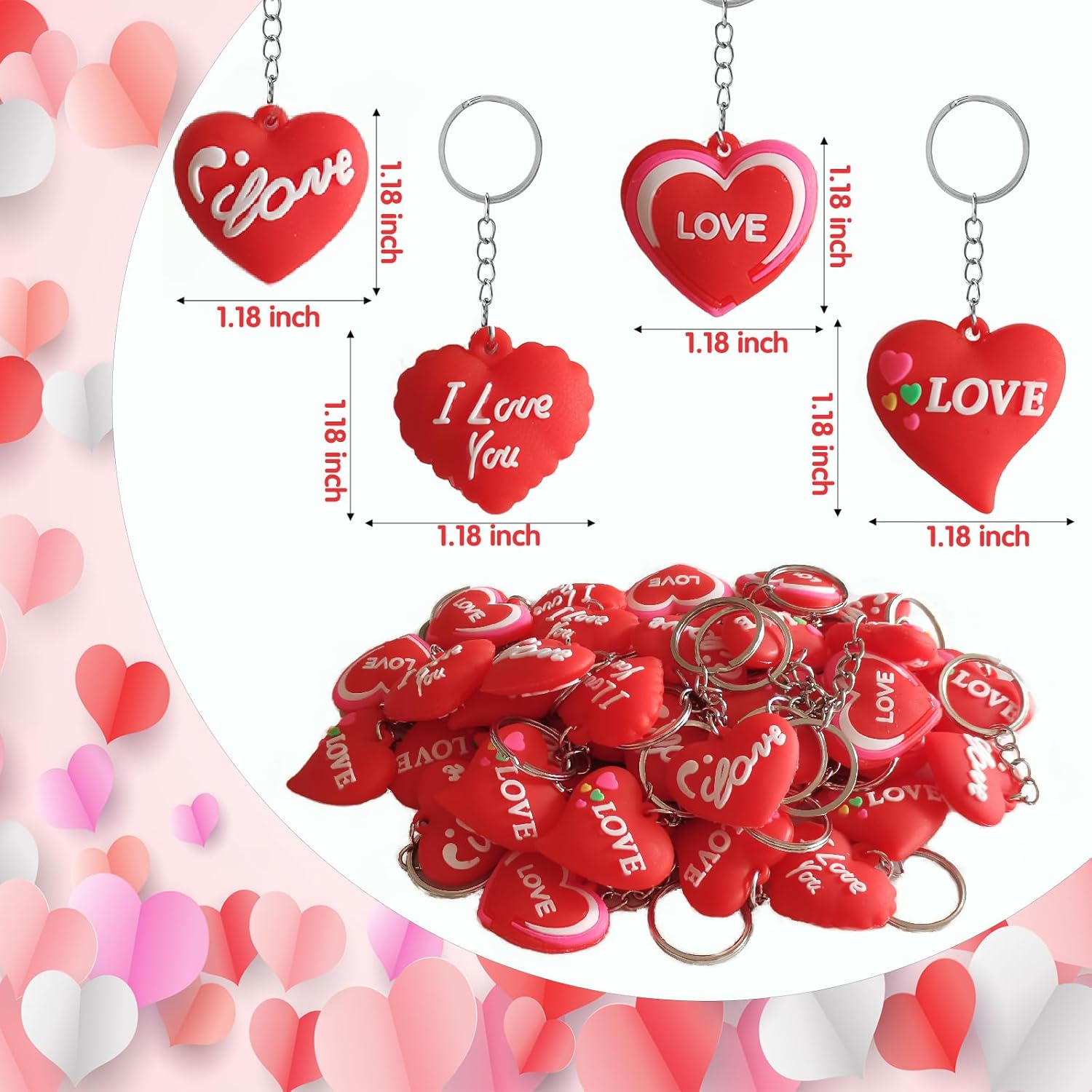 48 Pcs Red Heart Keychains for Valentines Day