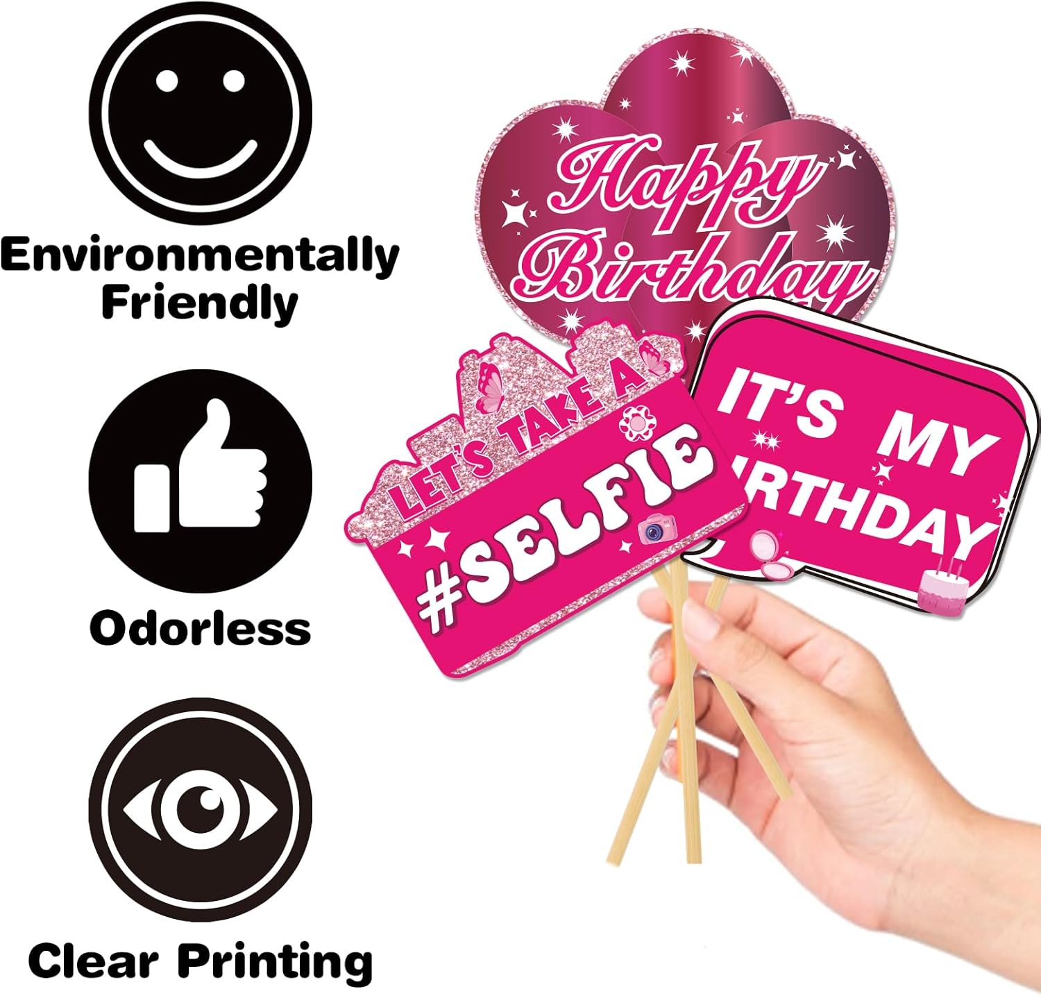 30Pcs Pink Girl Birthday Photo Booth Props with Sticks