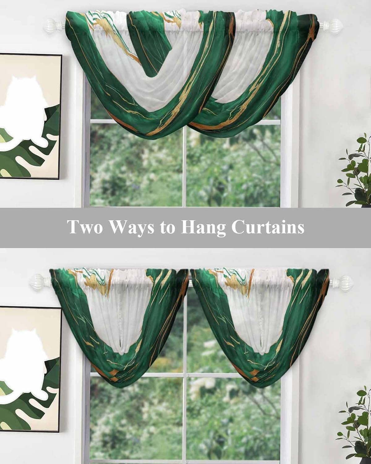 Waterfall Valance Curtains 2 Panels Gold Green Marble Sheer