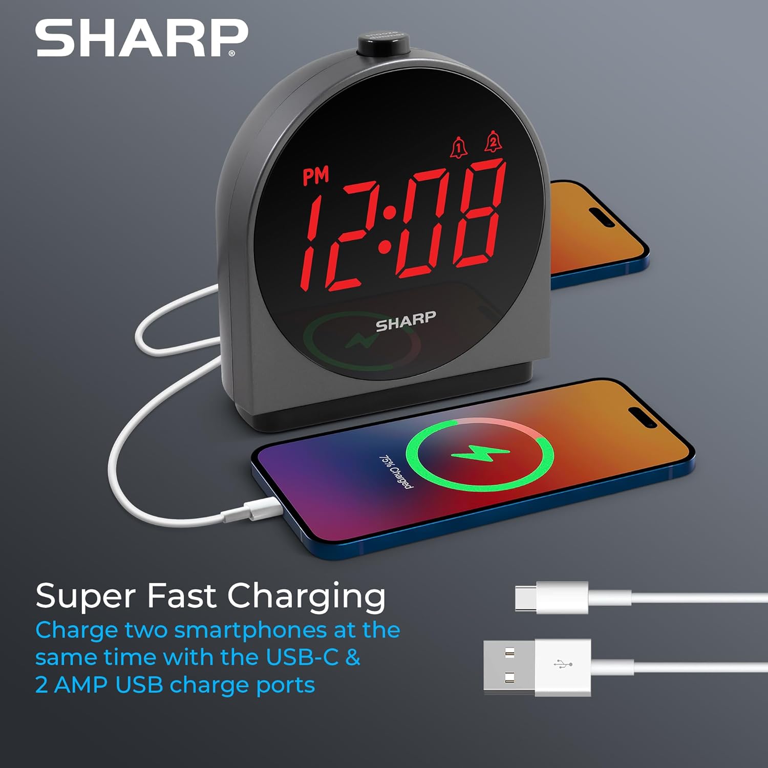 Sharp Dual Alarm Clock with USB Charging and Dimmable Display