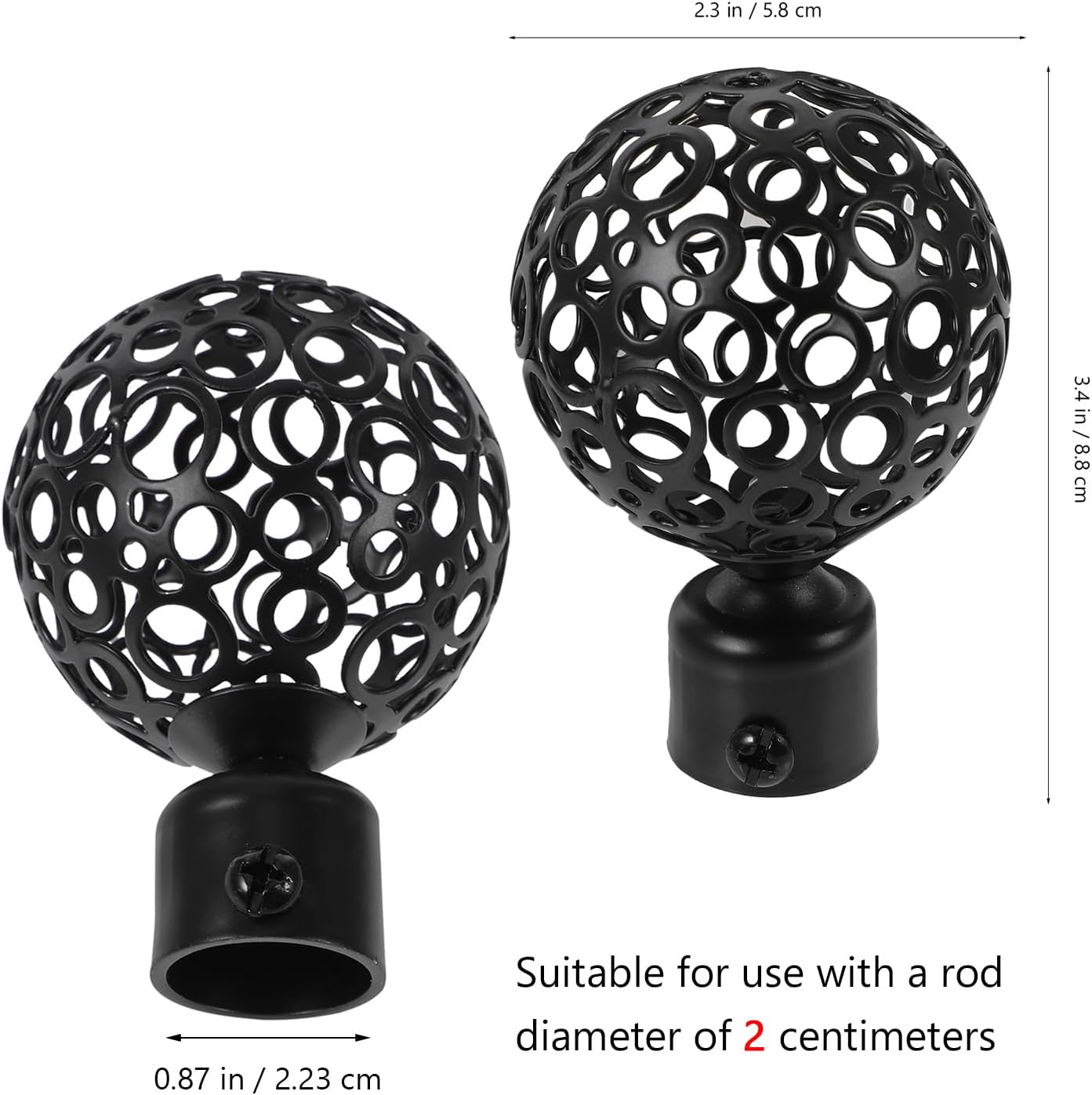 DOITOOL 2Pcs Curtain Finials Black Metal Rod Ends for 2cm Diameter