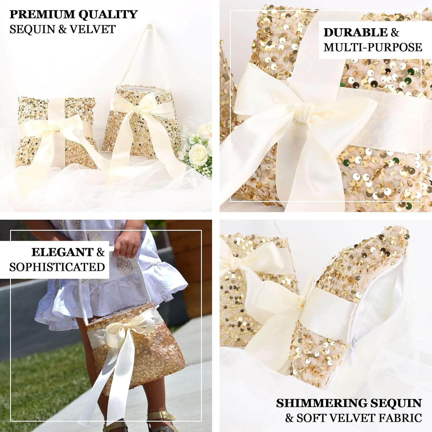 Efavormart Gold Sequin Flower Girl Basket Ring Bearer Pillow Wedding Set