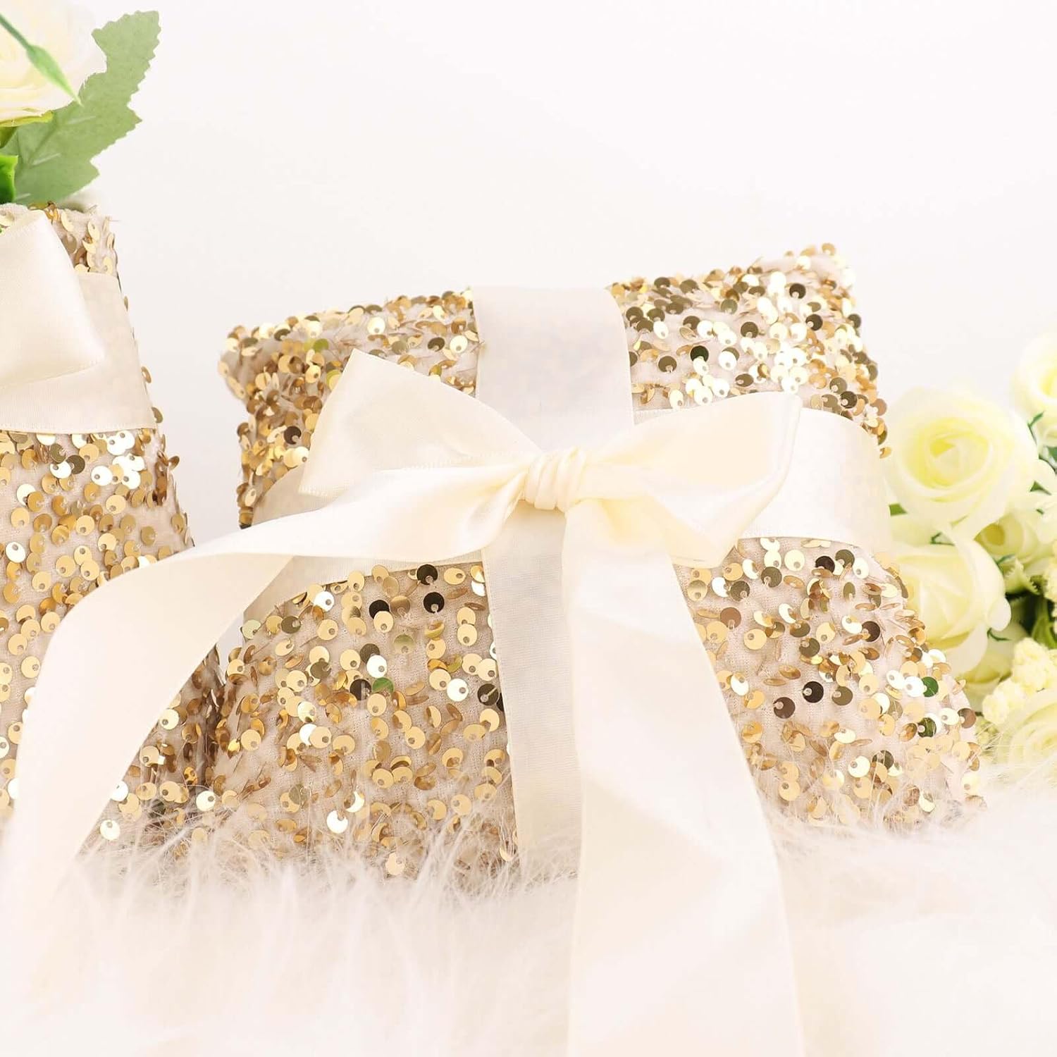 Efavormart Gold Sequin Flower Girl Basket Ring Bearer Pillow Wedding Set