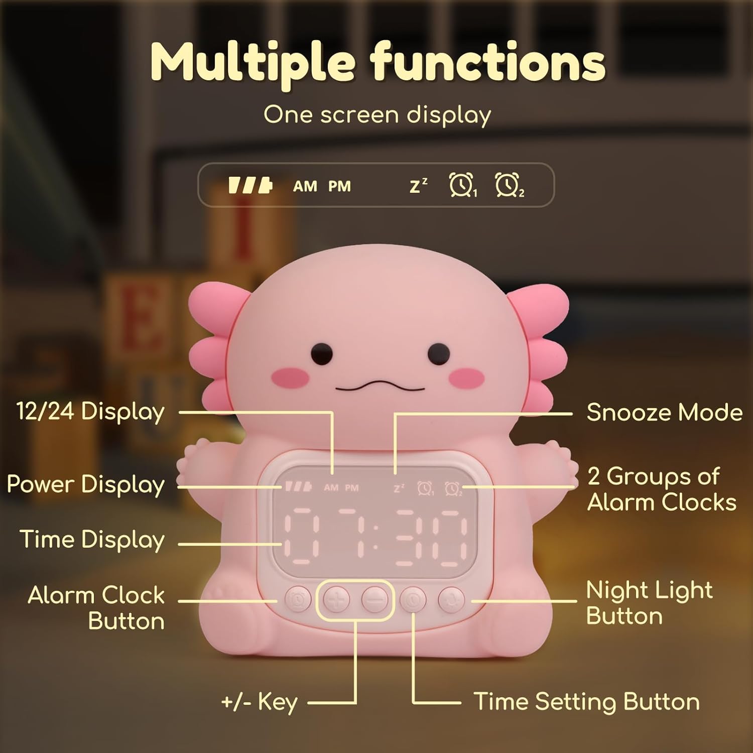 Axolotl Alarm Clock with Night Light for Kids 1