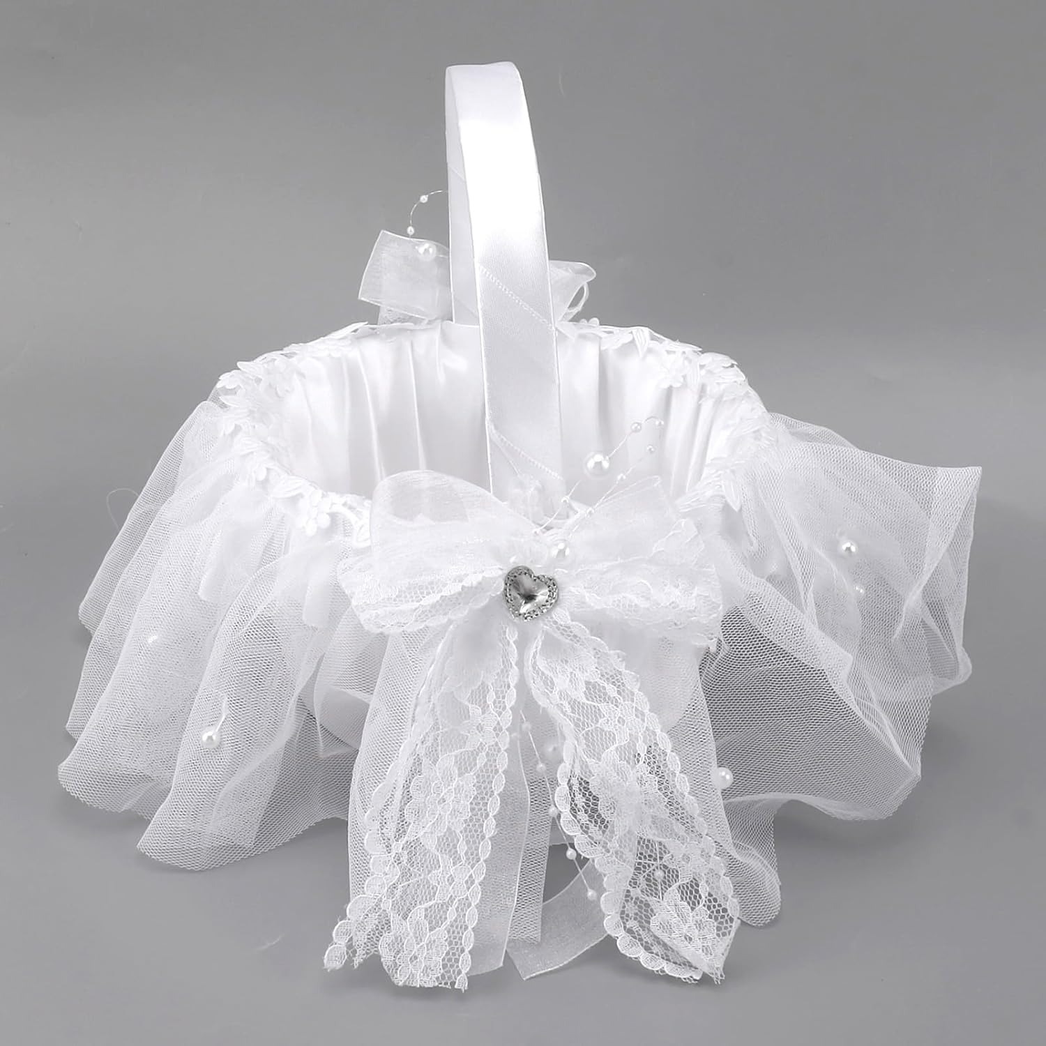 Wedding Flower Girl Basket with White Lace and Rhinestone