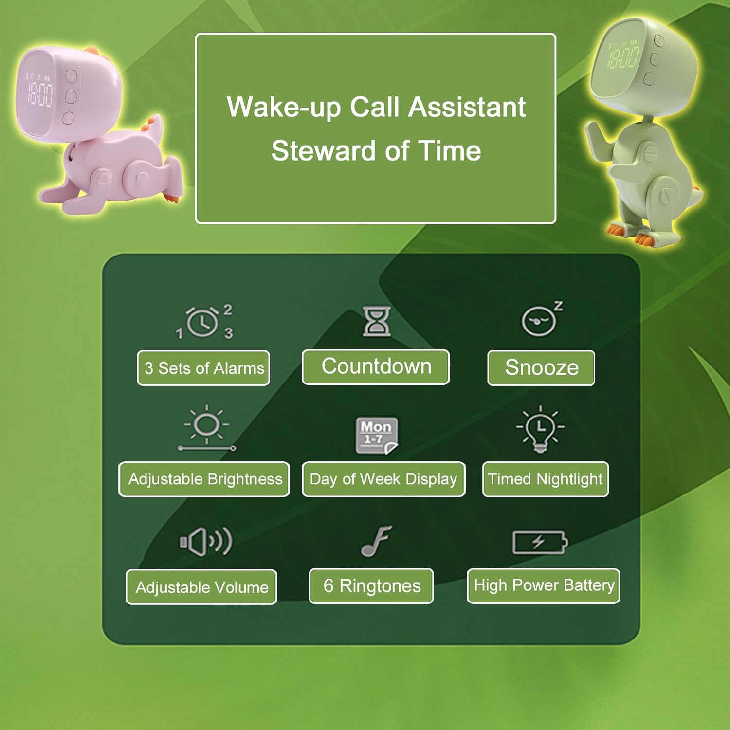 Dynamic Dinosaur Alarm Clock for Kids Green