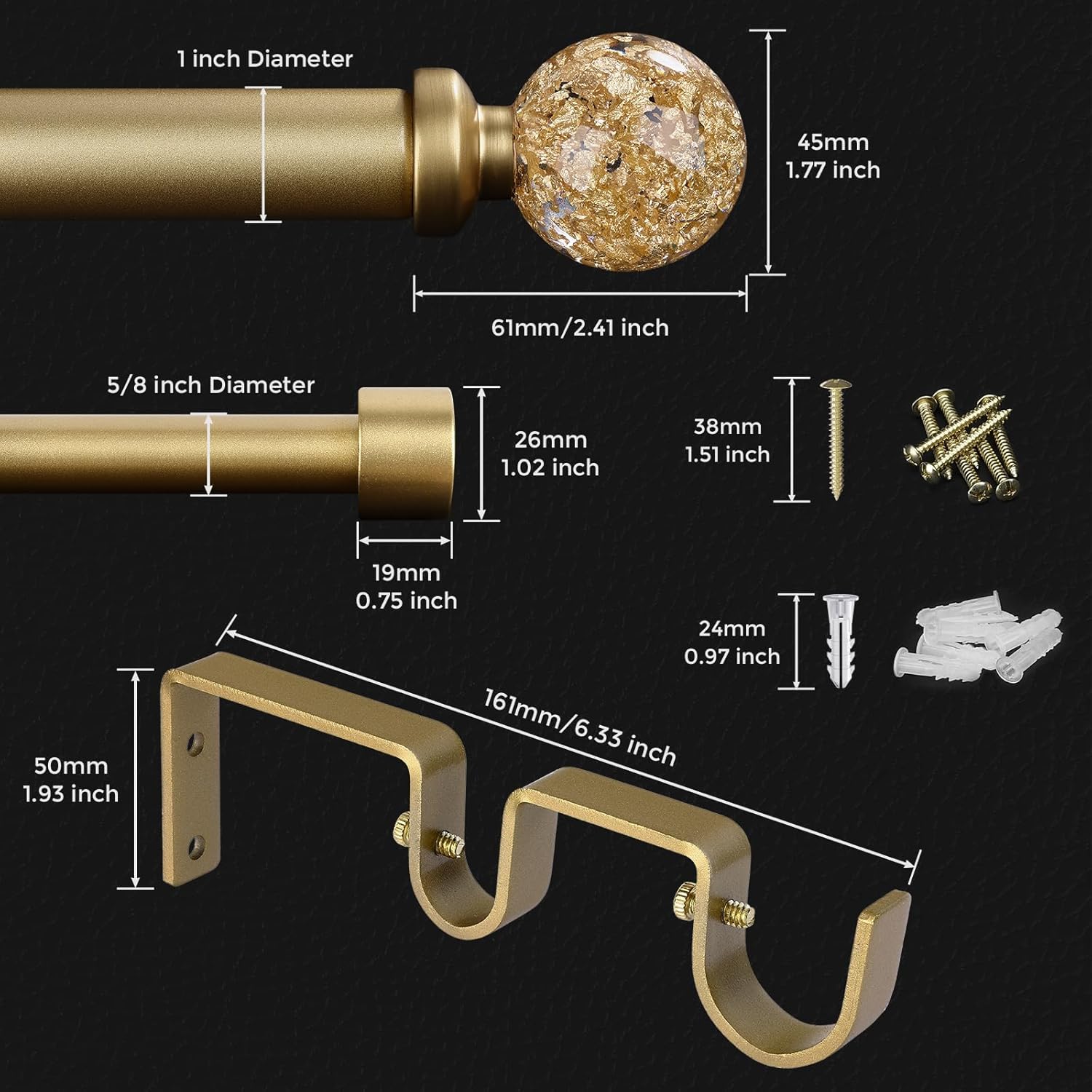JRZOO Gold Double Curtain Rod for Windows 36-72 Inch