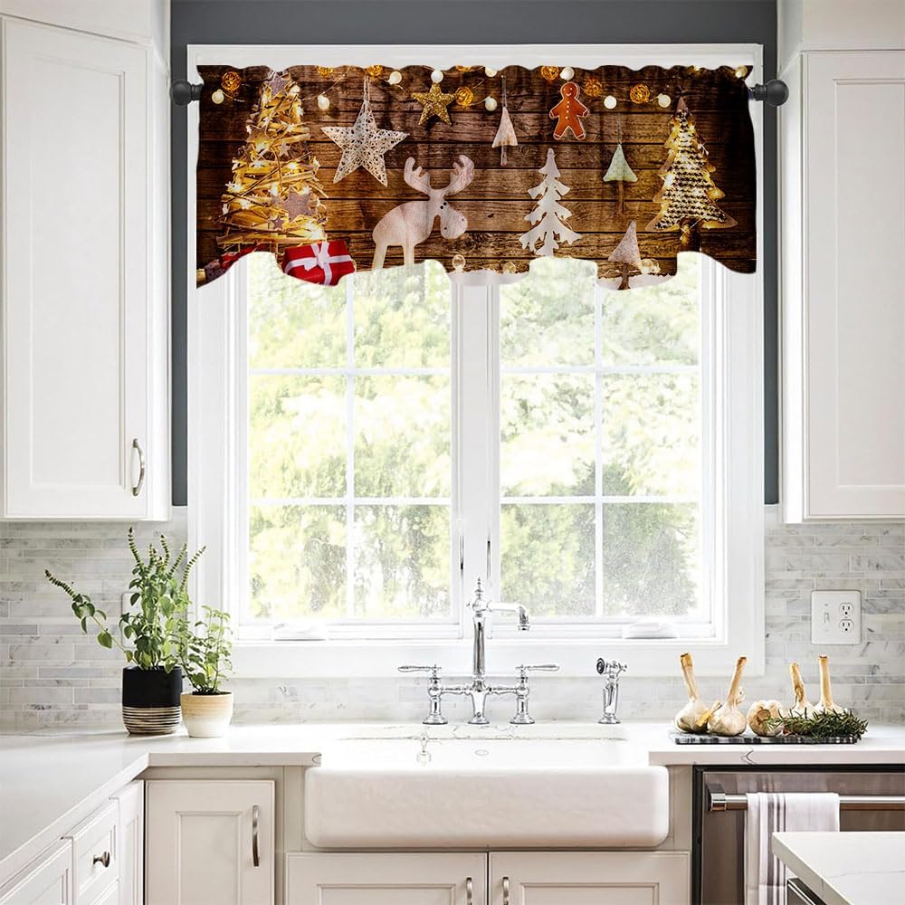 54x18 Inch Christmas Cartoon Window Valance with Xmas Tree and Elk Design