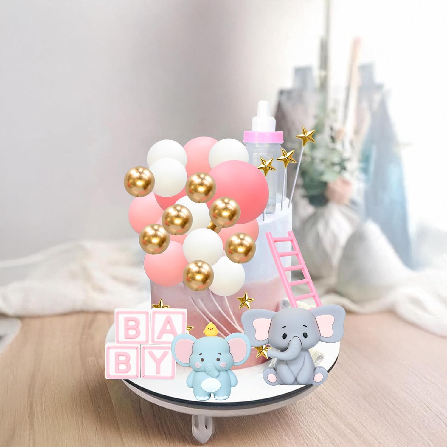 Gyufise 33Pcs 3D Elephant Cake Toppers Pink