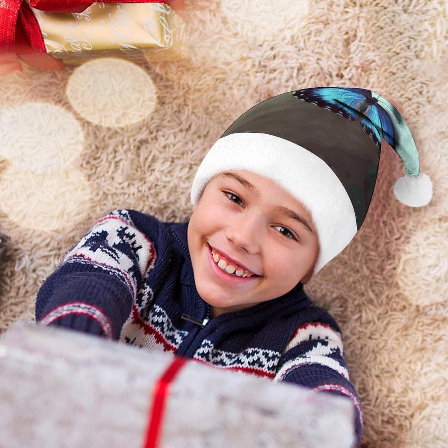 Santa Hat with Blue Butterfly Design for Christmas Party