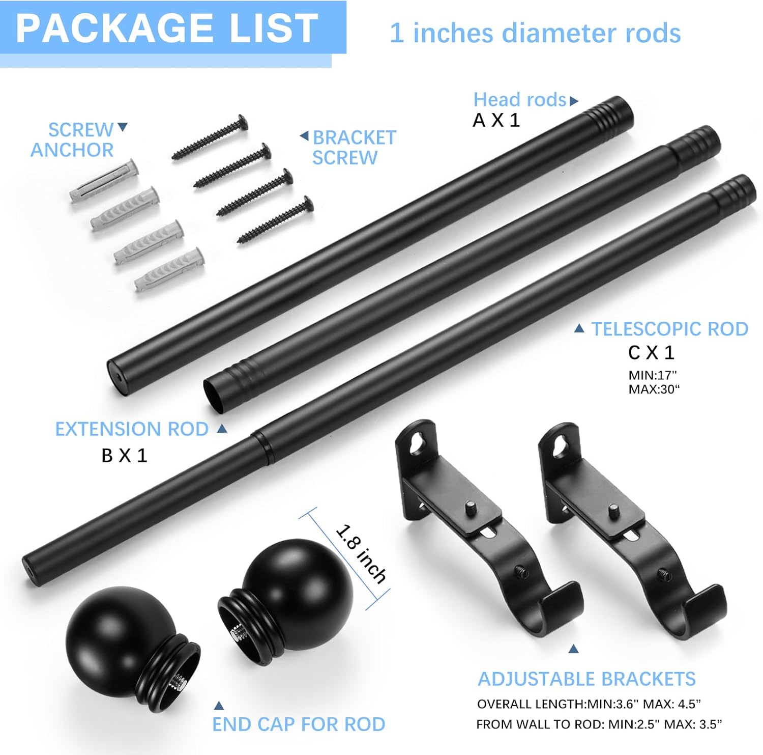 Adjustable Curtain Rods 16-60 Inches Black Pack of 1