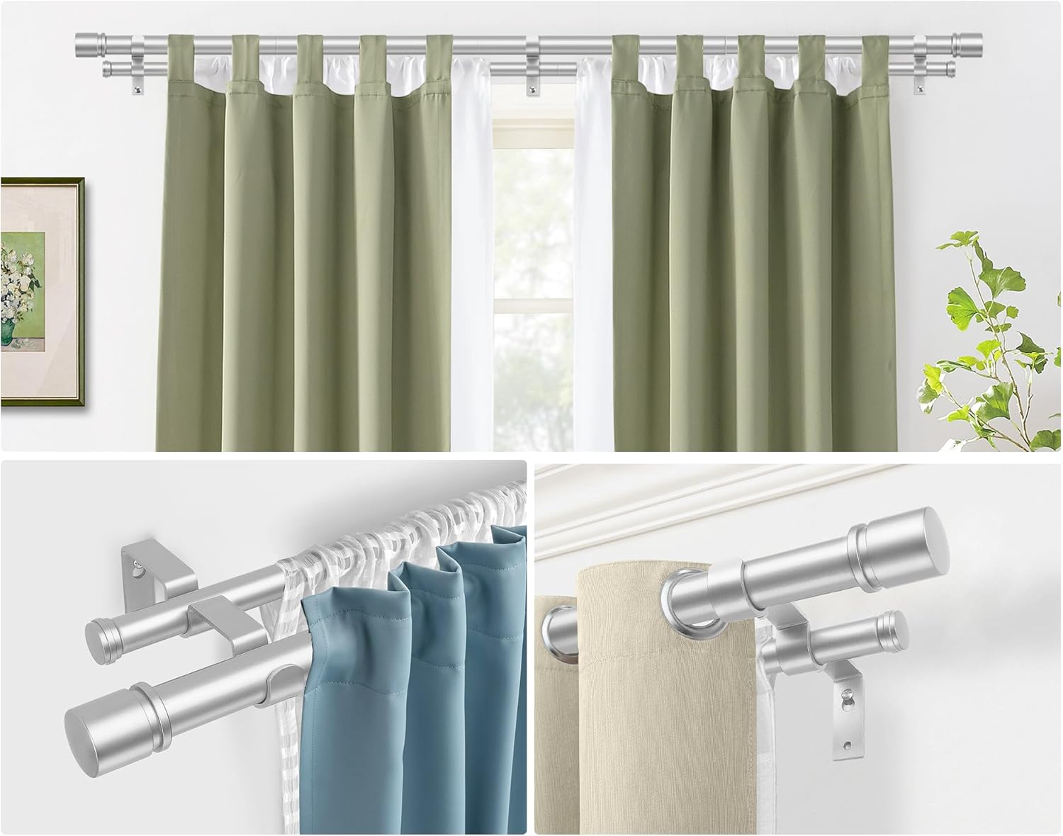 Hotozon Double Curtain Rods 72-144 Inch Silver