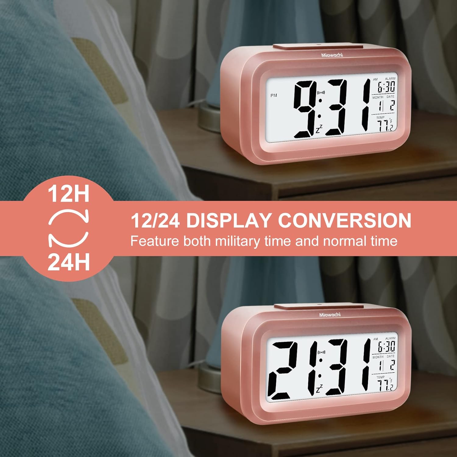 Miowachi Pink Digital Alarm Clock with Night Light and Snooze