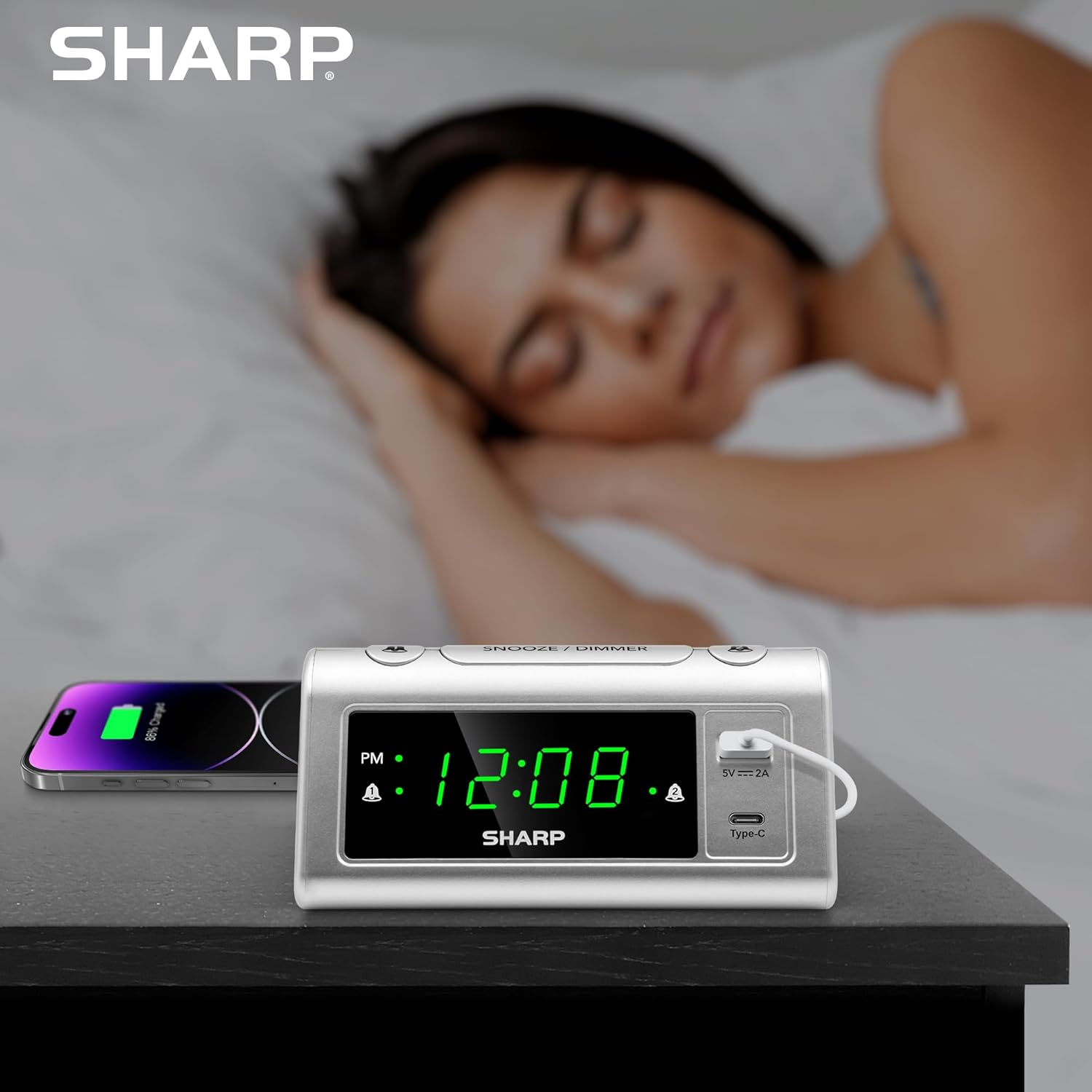 Sharp Alarm Clock with 2 Alarms and USB-C Charging