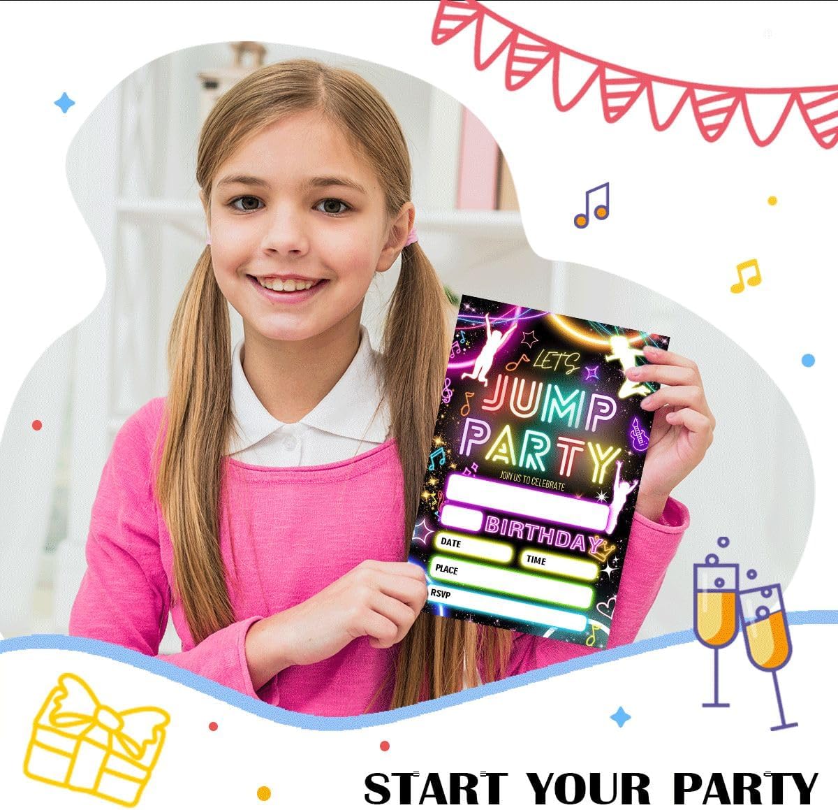 Lets Jump Birthday Party Invitation Neon 4x6 inch