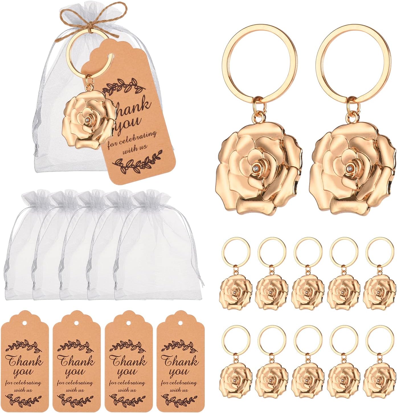24 Gold Rose Keychains for Wedding Party Favors