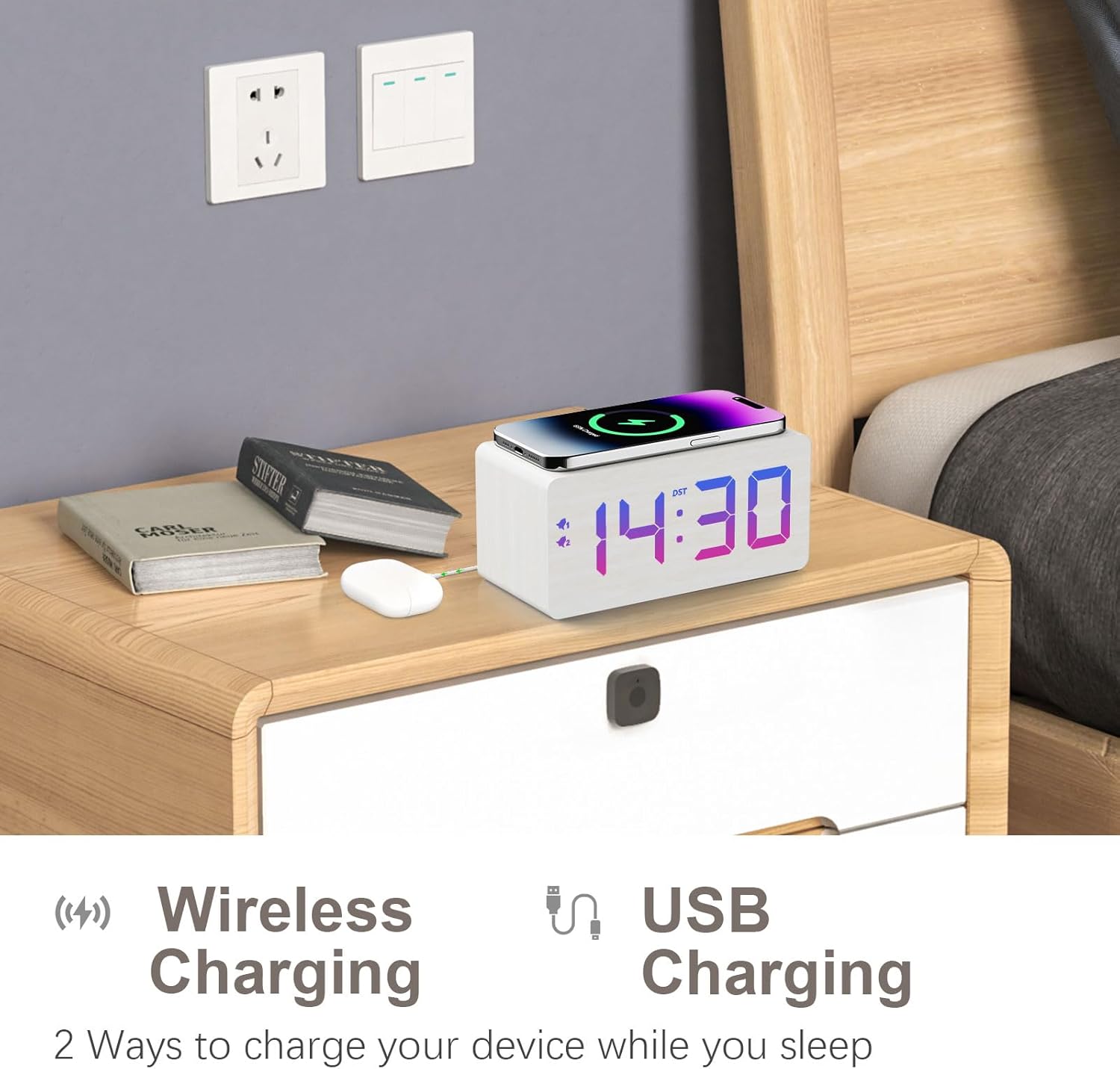 URAYCO Wooden Digital Alarm Clock with RGB Display and Fast Charging