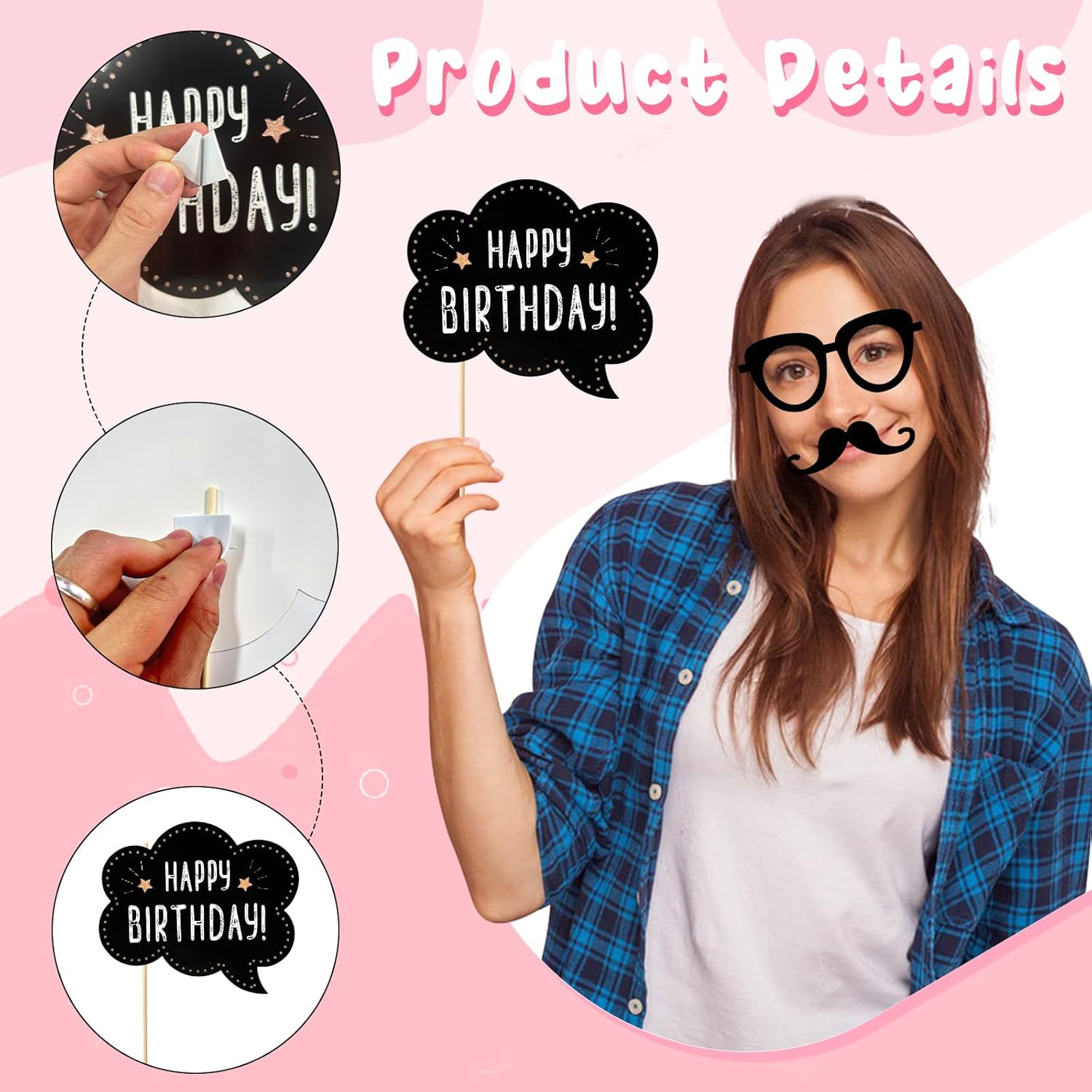 Pink Girls Birthday Photo Booth Props 30 Pcs Set