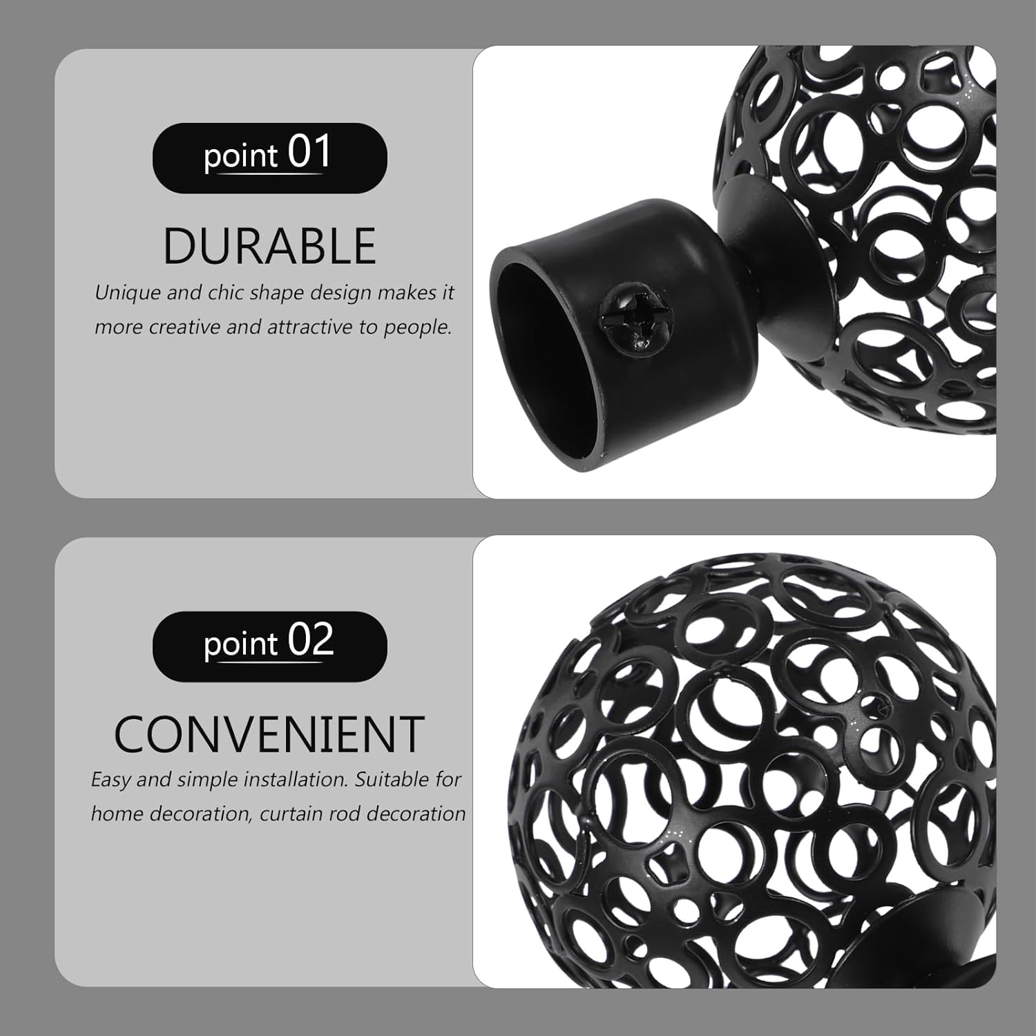 DOITOOL 2Pcs Curtain Finials Black Metal Rod Ends for 2cm Diameter