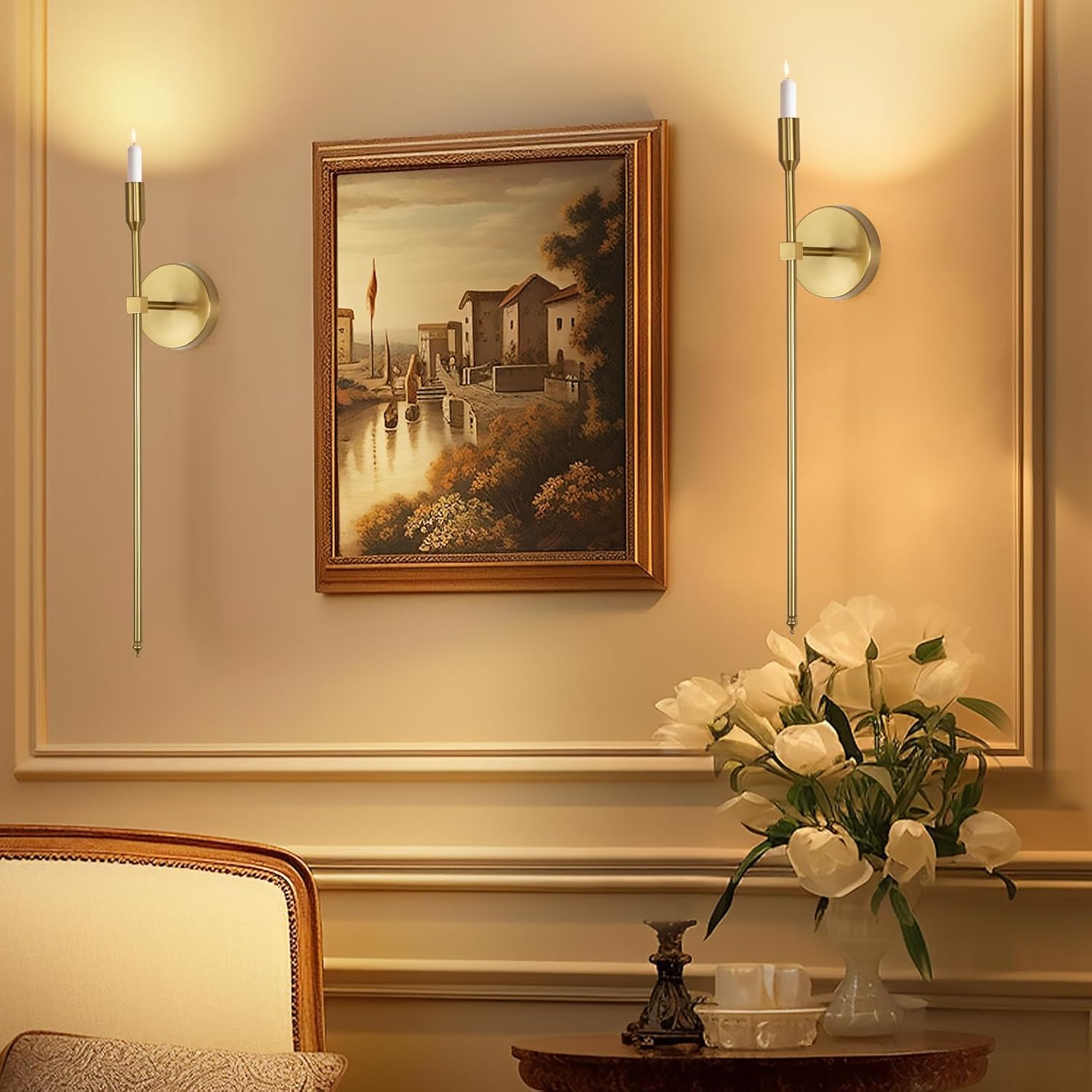 Gold Candle Sconces Wall Holder Set of 2 Modern Decor
