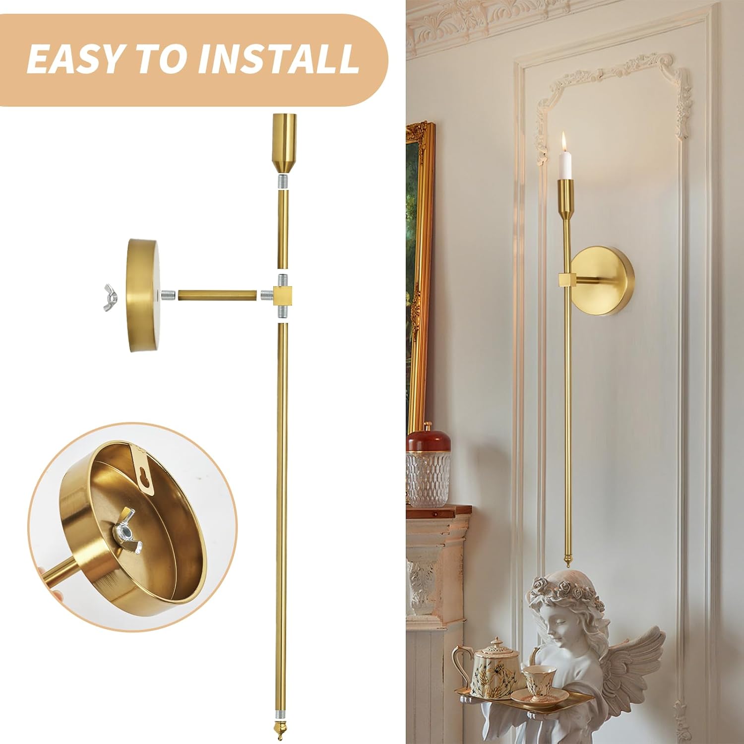 Gold Candle Sconces Wall Holder Set of 2 Modern Decor