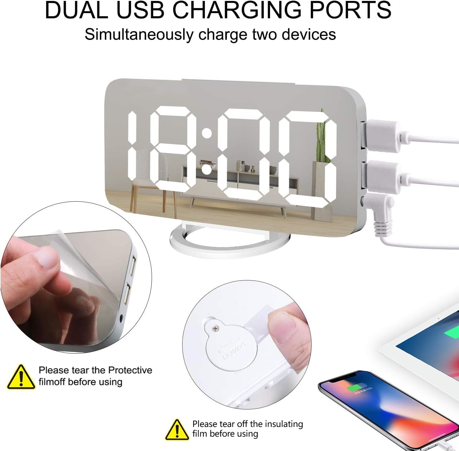 Miowachi White Digital Alarm Clock with LED Mirror
