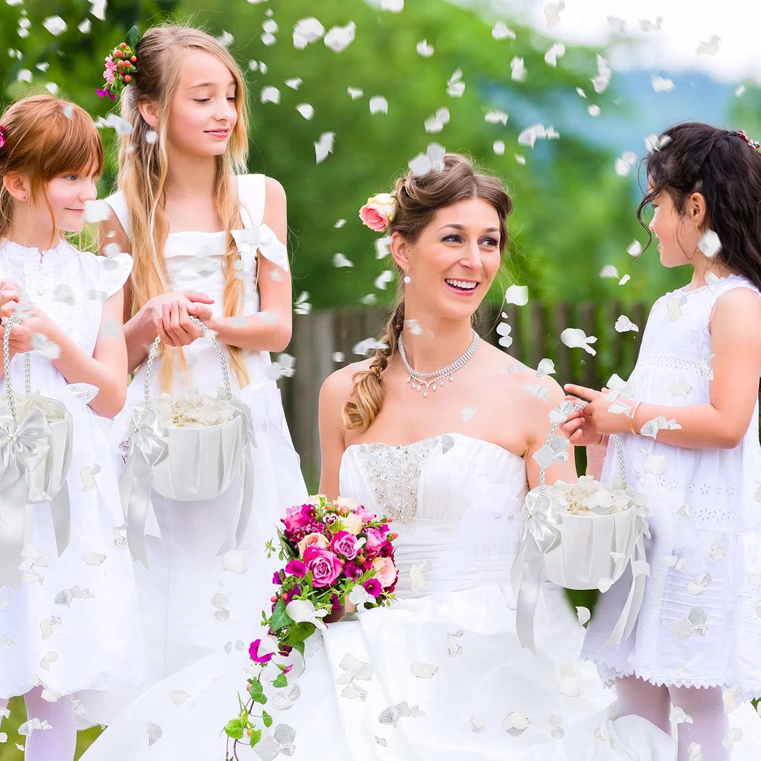 Ivory Flower Girl Basket with Pearl Handle Set