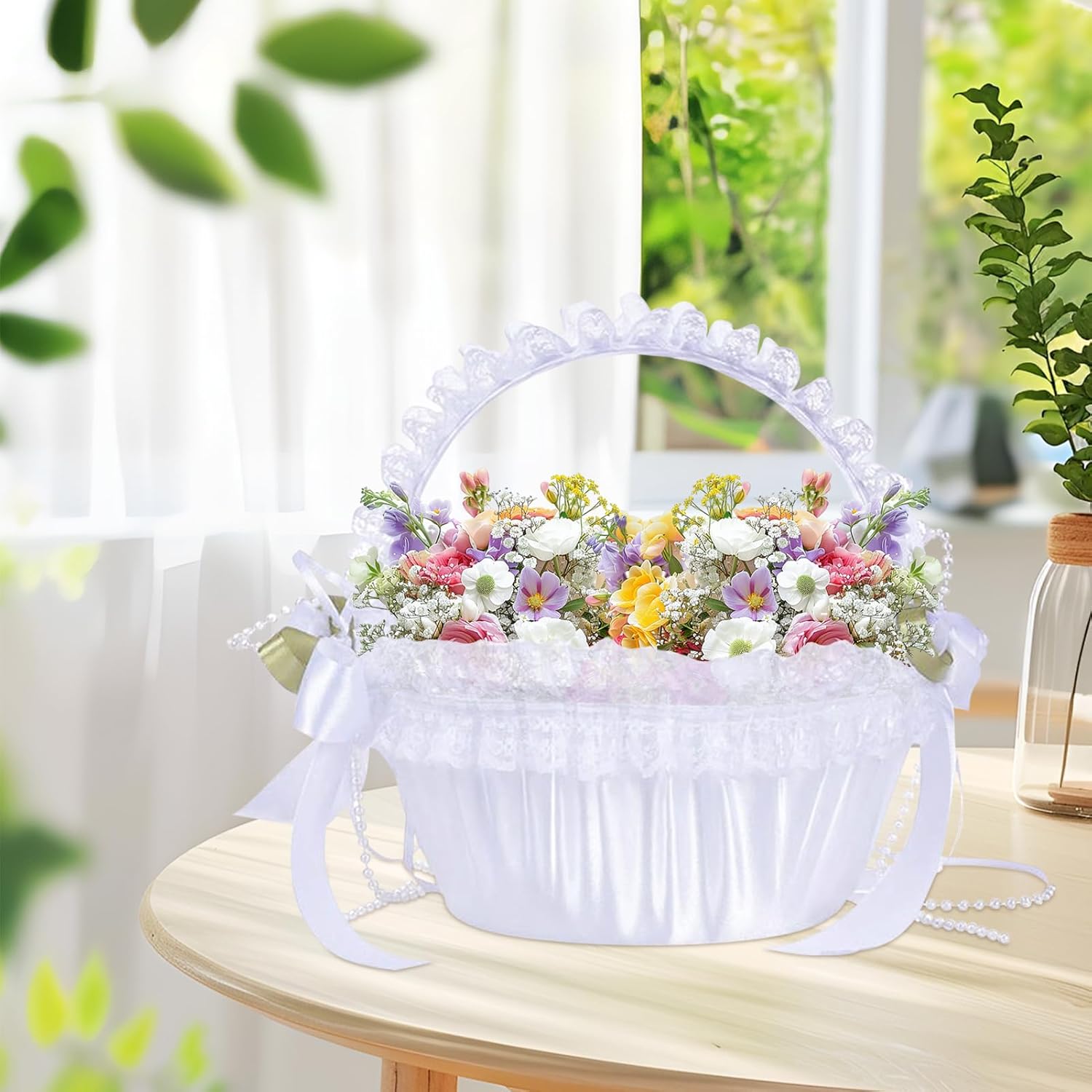Modern Luxury Ivory Lace and Polyester Flower Girl Basket with Handle