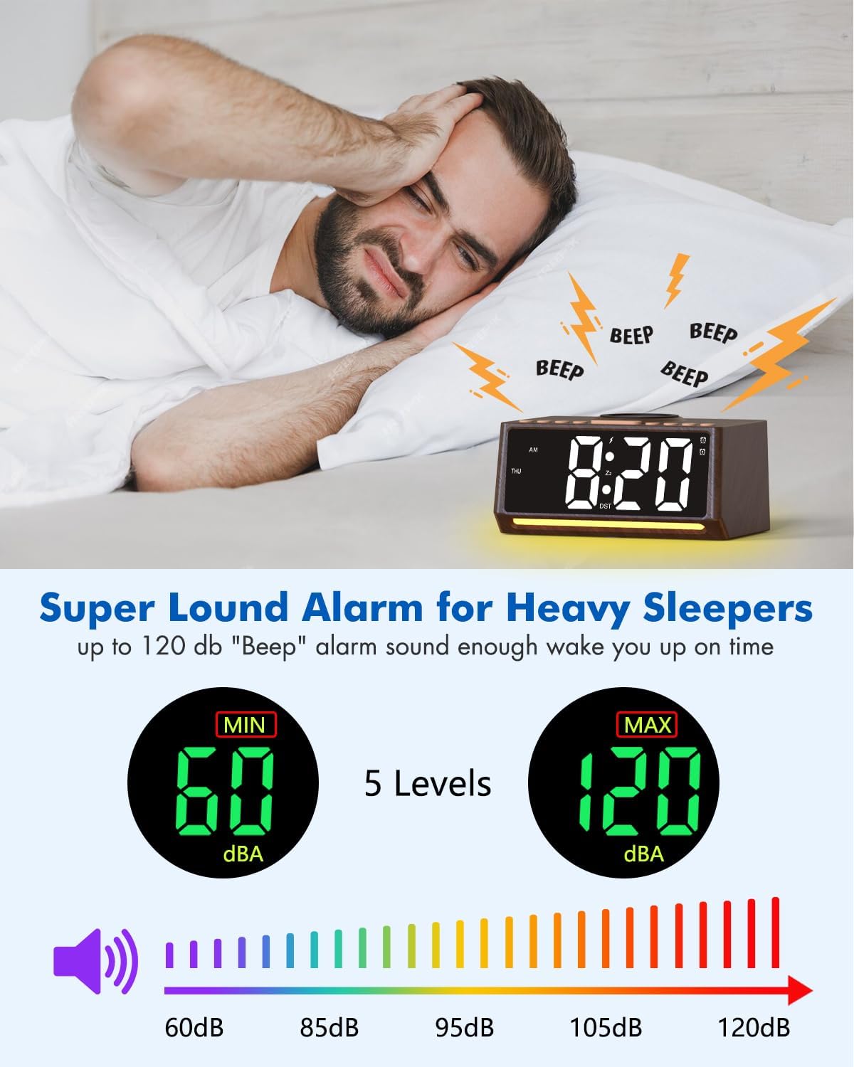 Te-Rich Retro Digital Alarm Clock with Mood Lights and Wireless Charging