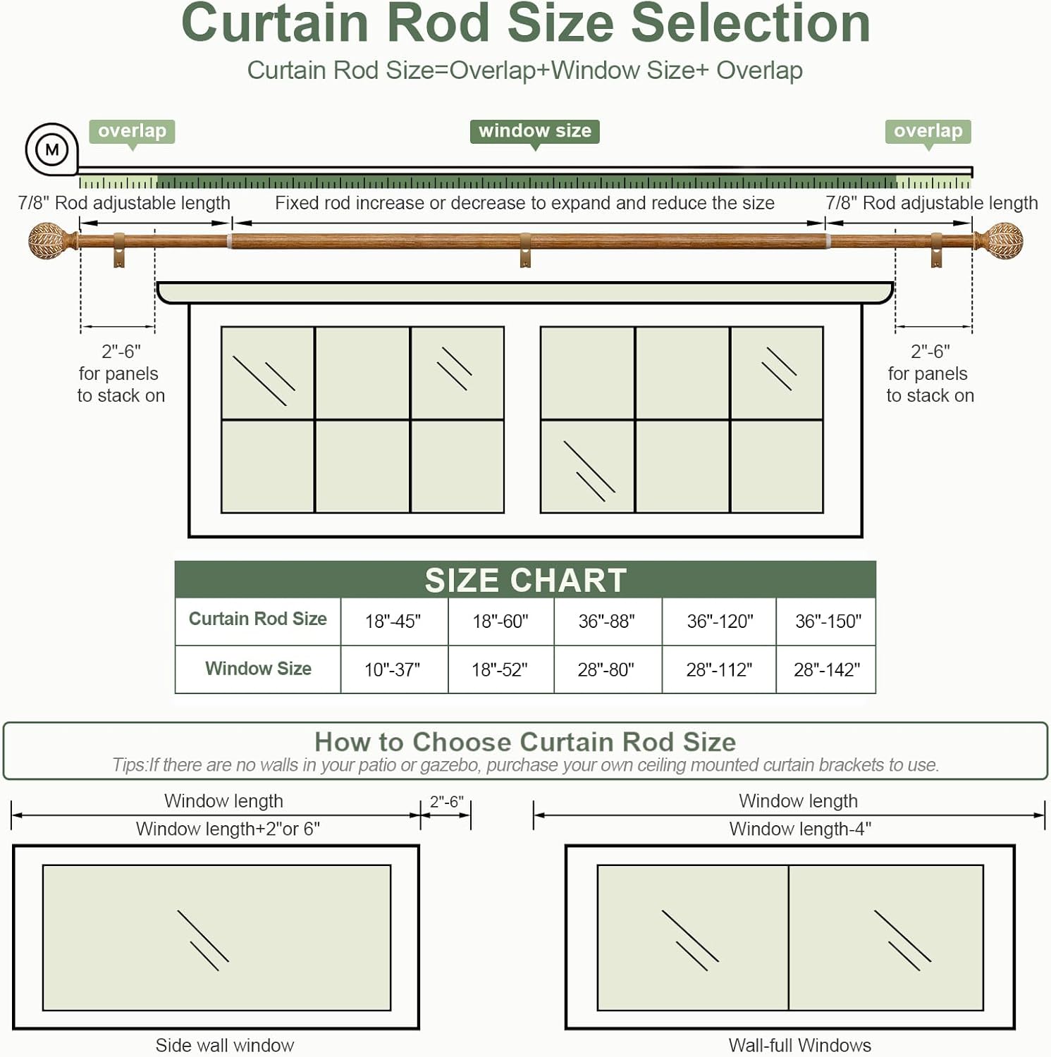 Boho Style Wood Grain Curtain Rod Set 36-88 Inches Natural Wood
