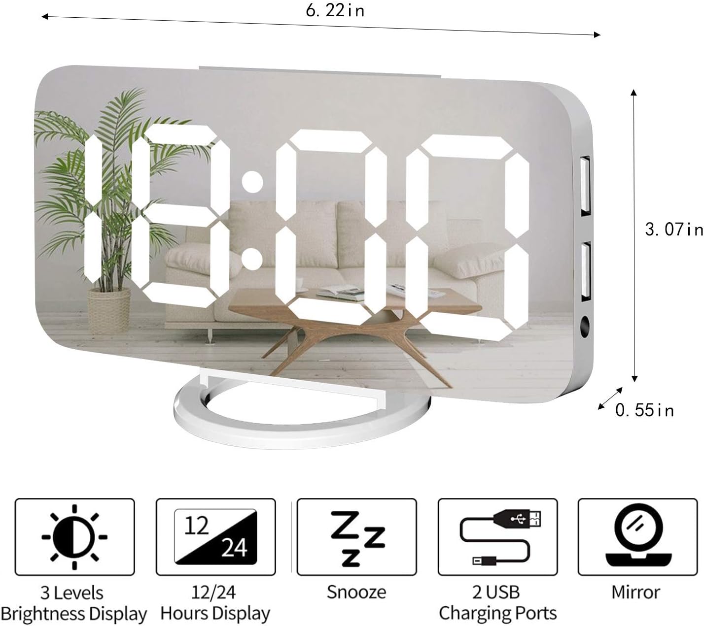 Miowachi White Digital Alarm Clock with LED Mirror