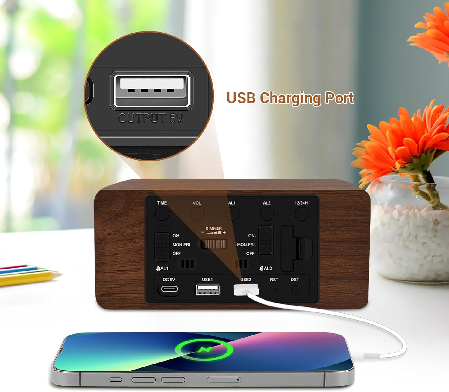 URAYCO Wood Digital Alarm Clock with 10W Wireless Charger and USB Ports