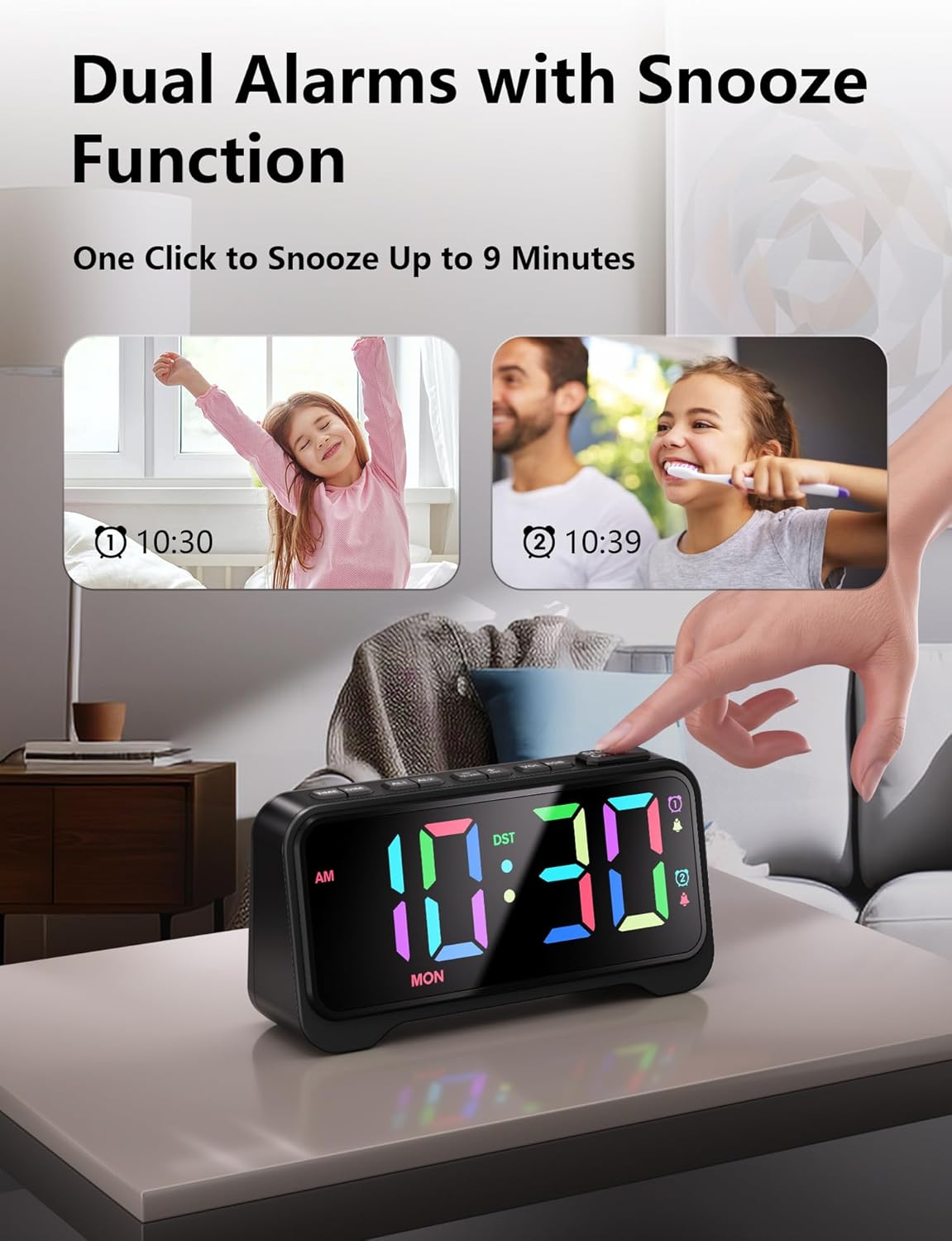 Mesqool Super Loud Alarm Clock with RGB Display and Night Light - Black
