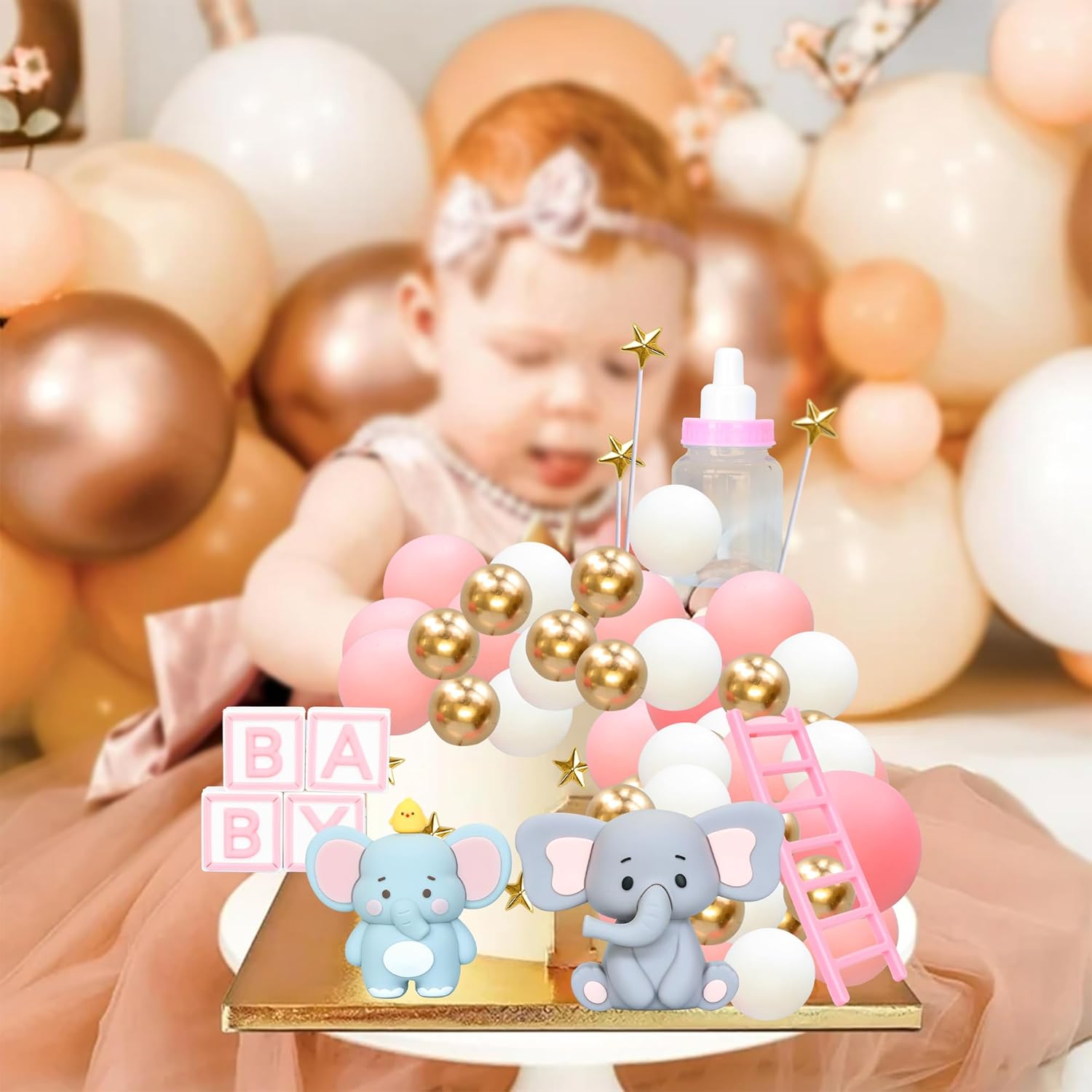 Gyufise 33Pcs 3D Elephant Cake Toppers Pink