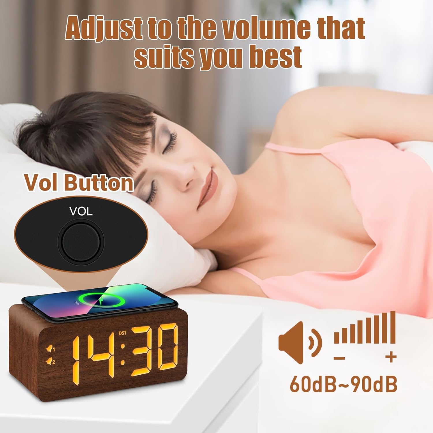 URAYCO Wood Digital Alarm Clock with 10W Wireless Charger and USB Ports