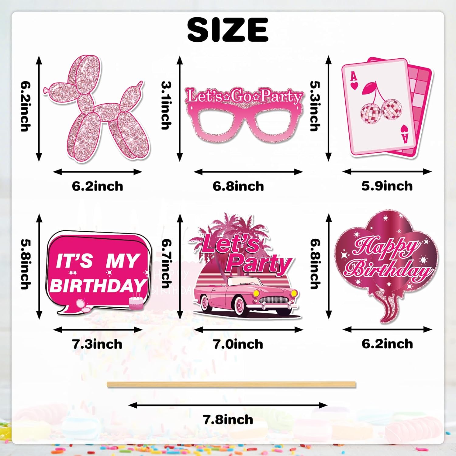 30Pcs Pink Girl Birthday Photo Booth Props with Sticks