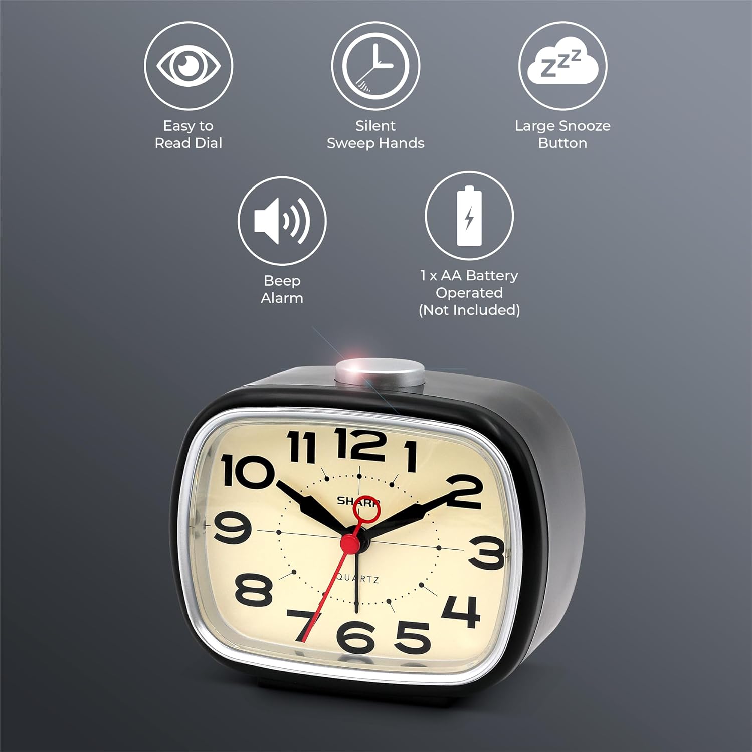 Sharp Battery Powered Alarm Clock Retro Design Quiet Operation
