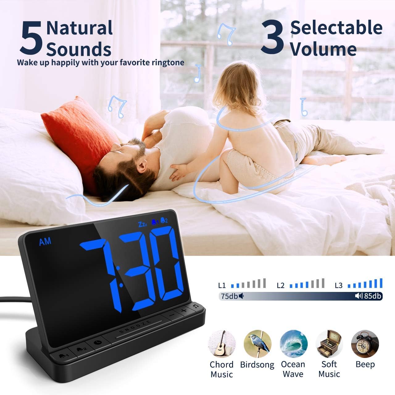 NOKLEAD Digital Alarm Clock with 2 Alarms and Snooze
