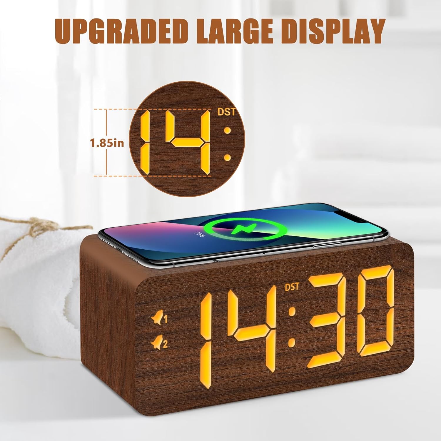 URAYCO Wood Digital Alarm Clock with 10W Wireless Charger and USB Ports